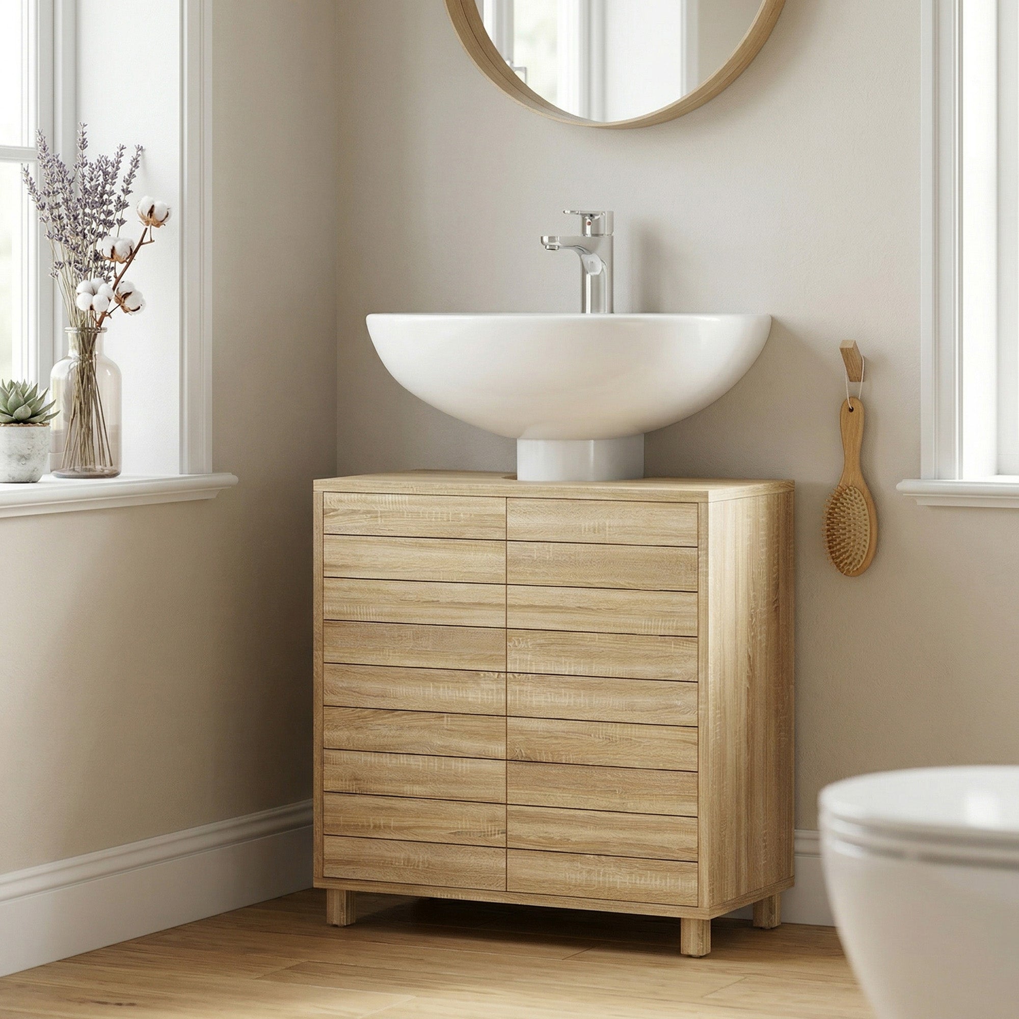Meuble sous Lavabo, Meuble de Salle de Bain avec Découpe en Forme U, Portes à Lattes, Étagère Réglable, Ouverture par Pression, 60 x 30 x 60 cm, Naturel