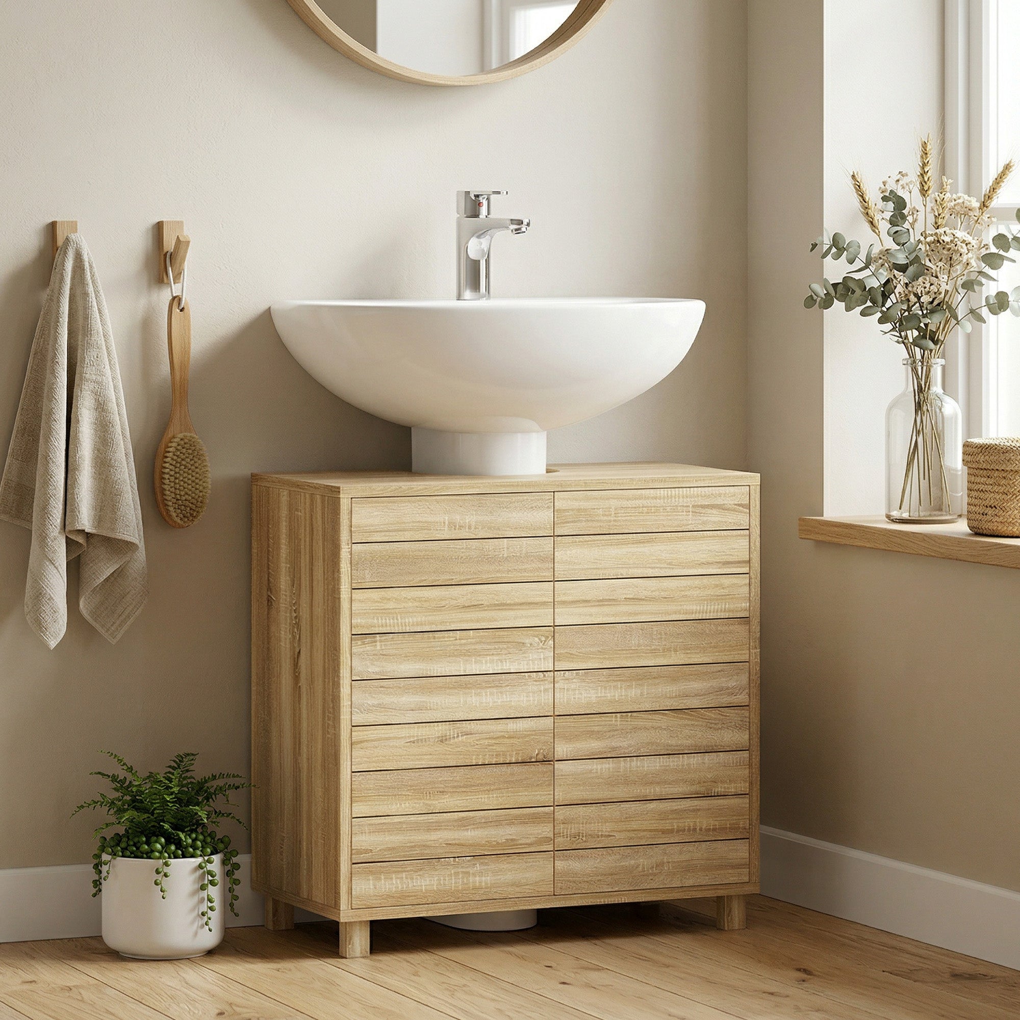 Meuble sous Lavabo, Meuble de Salle de Bain avec Découpe en Forme U, Portes à Lattes, Étagère Réglable, Ouverture par Pression, 60 x 30 x 60 cm, Naturel