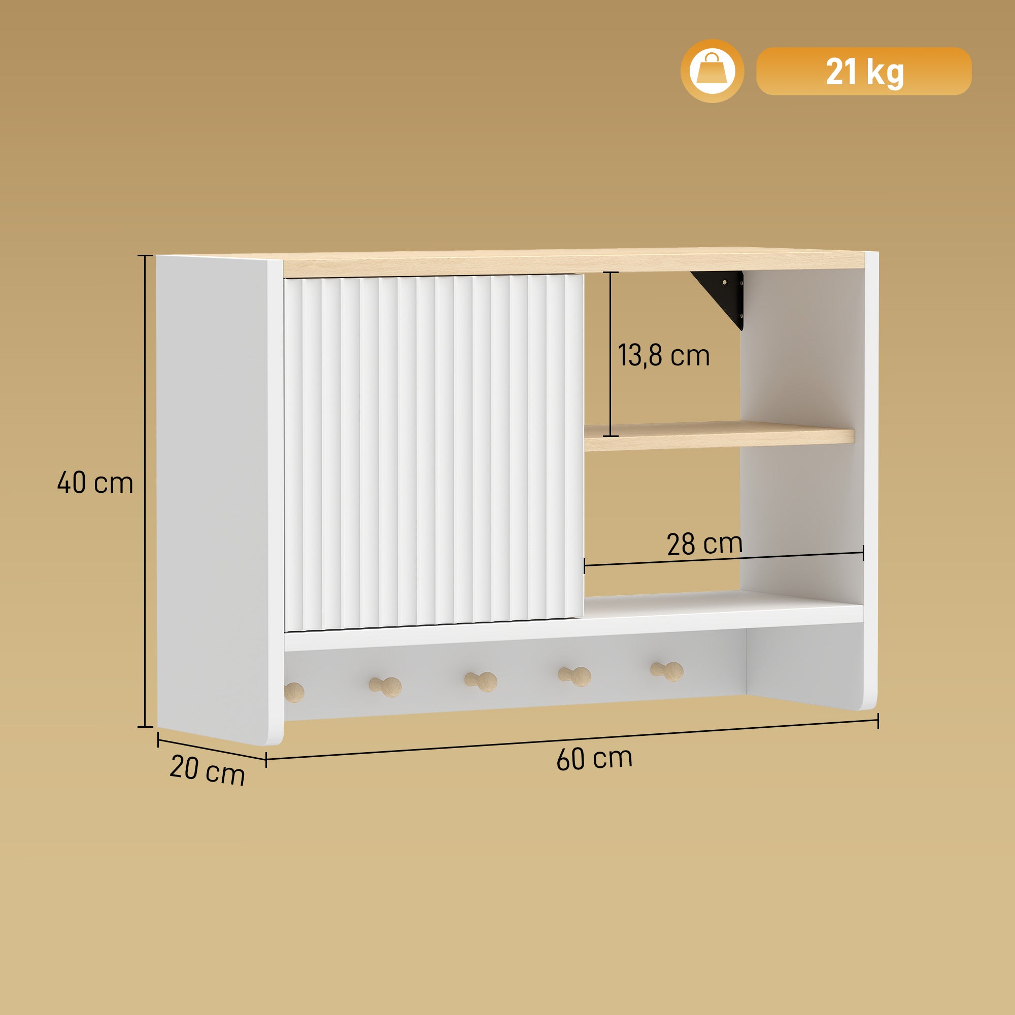 Armoire murale de salle de bain, meuble de rangement suspendu pour salle de bains avec porte, étagères ouvertes et 5 crochets, meuble WC suspendu, 60 x 20 x 40 cm, blanc et chêne