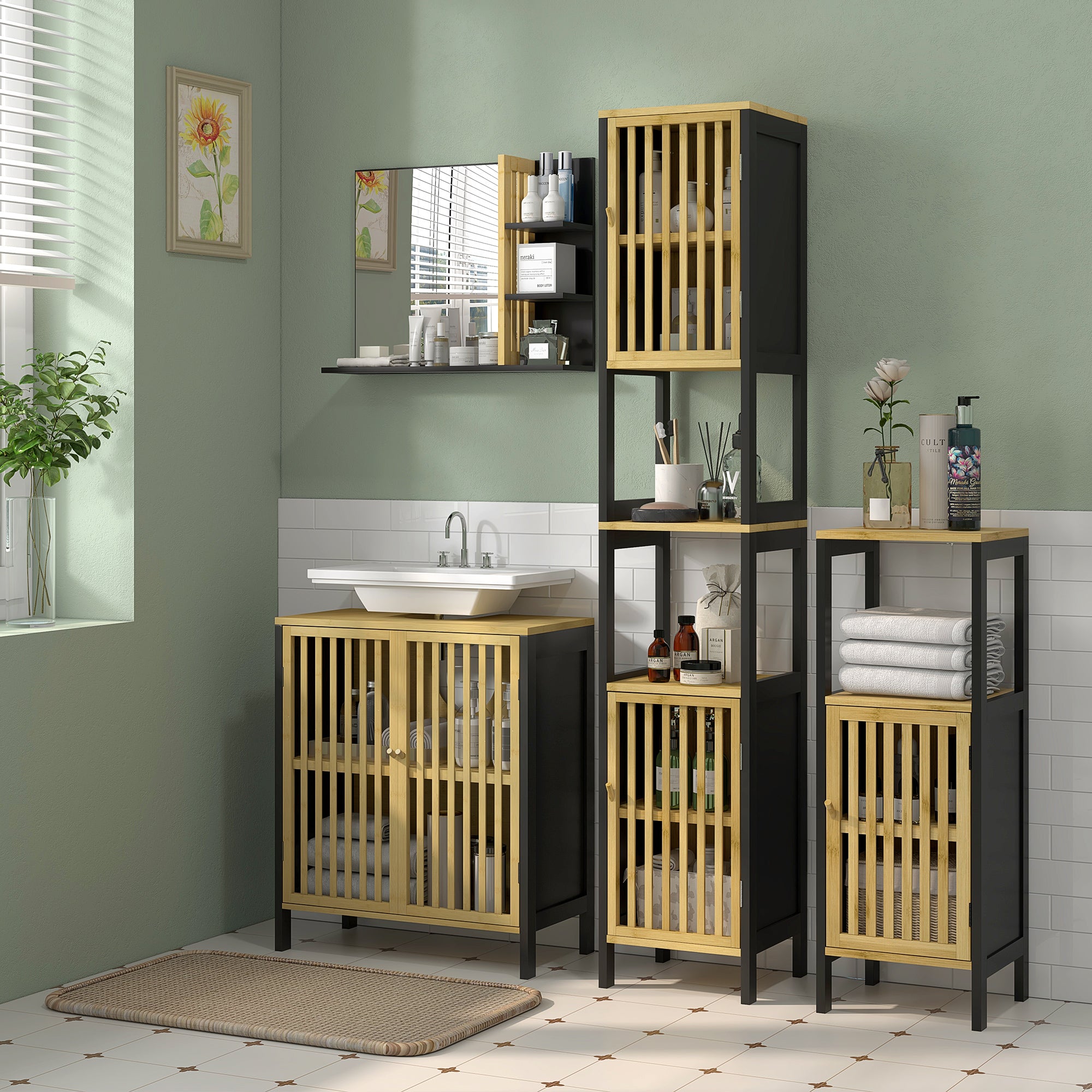 Meuble sous vasque meuble de salle de bain 2 portes avec étagère réglable armoire de rangement pour lavabo 60 x 30 x 70 cm en bambou noir et naturel