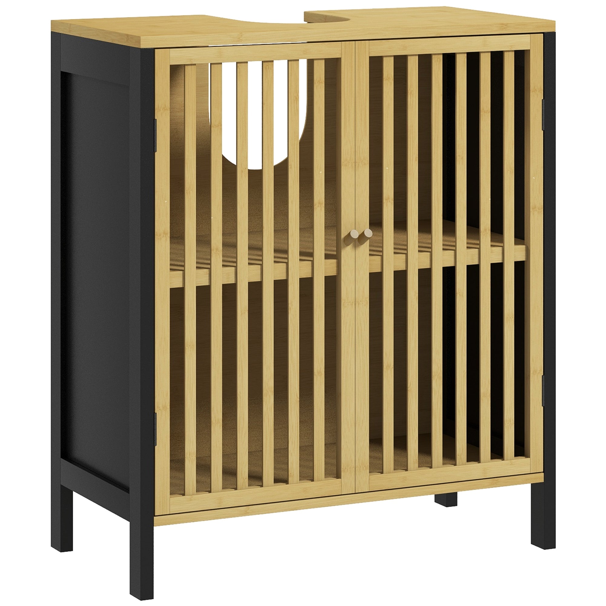 Meuble sous vasque meuble de salle de bain 2 portes avec étagère réglable armoire de rangement pour lavabo 60 x 30 x 70 cm en bambou noir et naturel