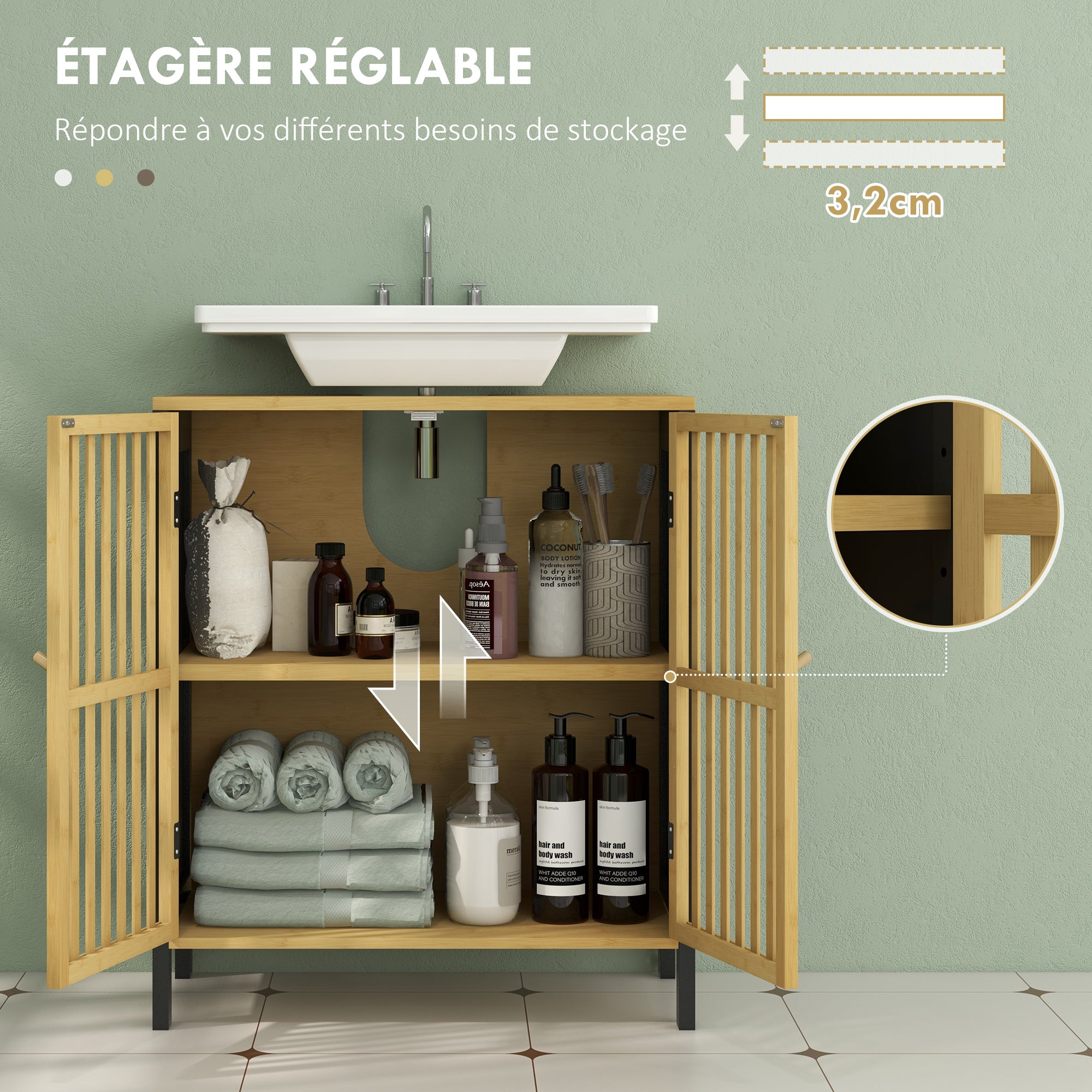 Meuble sous vasque meuble de salle de bain 2 portes avec étagère réglable armoire de rangement pour lavabo 60 x 30 x 70 cm en bambou noir et naturel