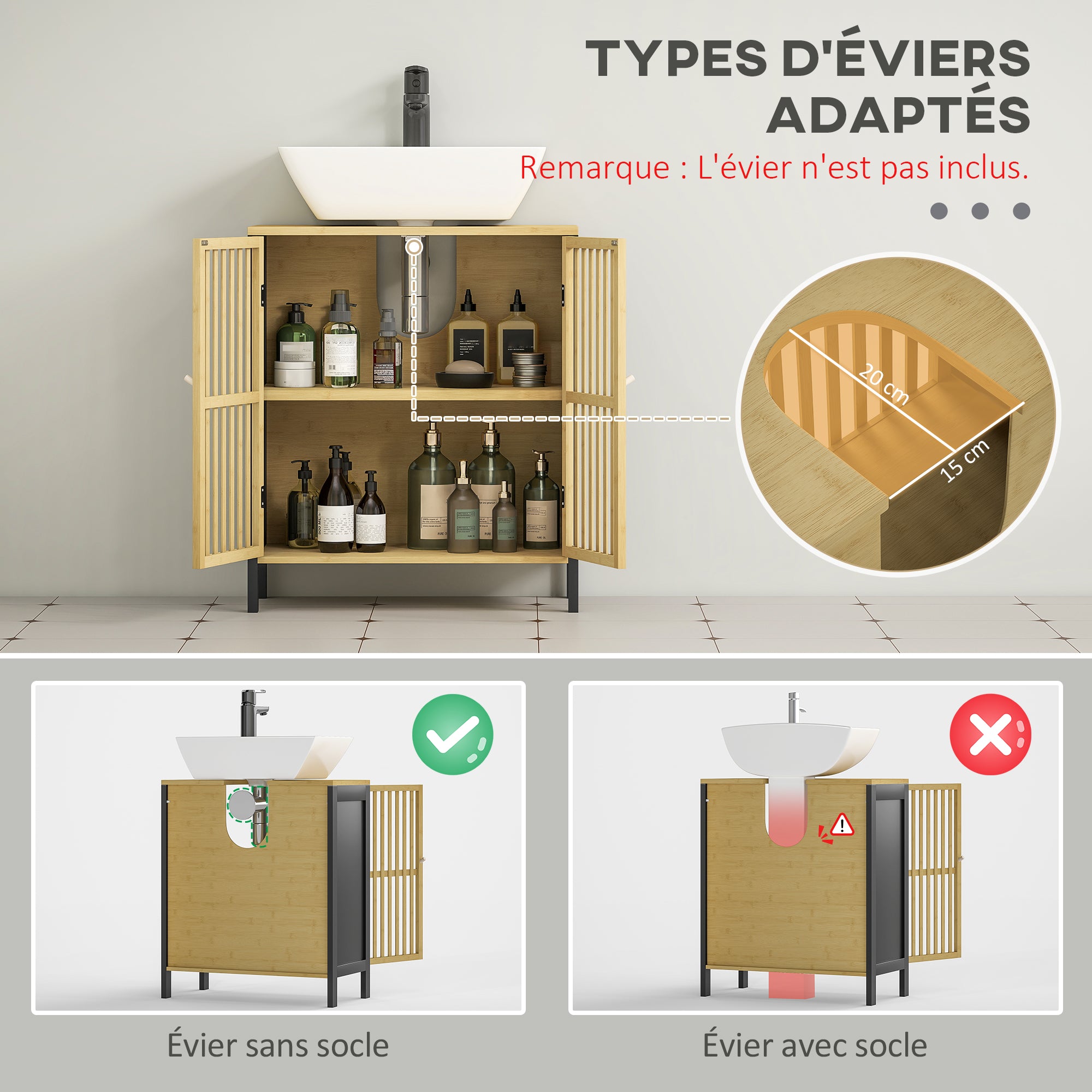 Meuble sous vasque meuble de salle de bain 2 portes avec étagère réglable armoire de rangement pour lavabo 60 x 30 x 70 cm en bambou noir et naturel