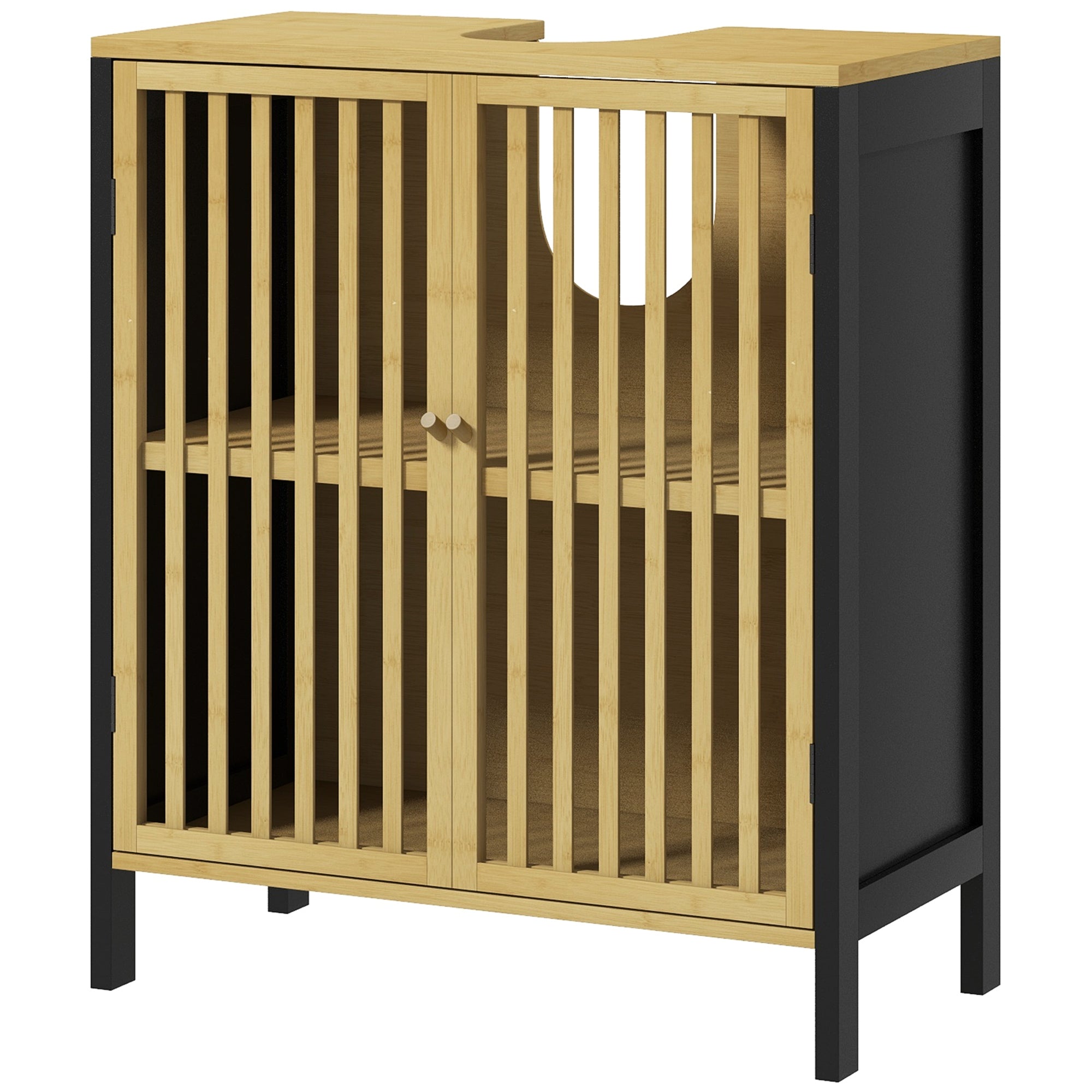 Meuble sous vasque meuble de salle de bain 2 portes avec étagère réglable armoire de rangement pour lavabo 60 x 30 x 70 cm en bambou noir et naturel
