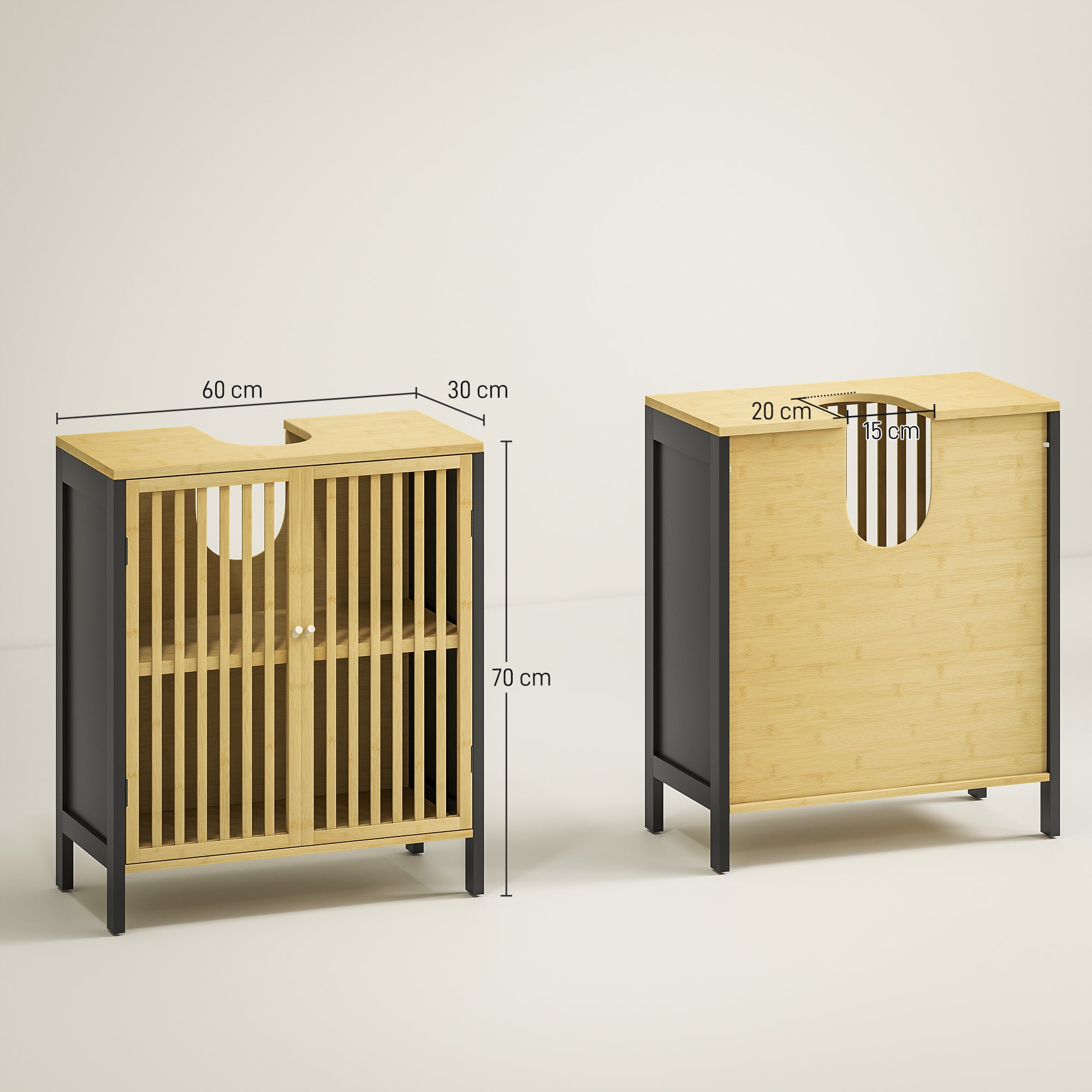 Meuble sous vasque meuble de salle de bain 2 portes avec étagère réglable armoire de rangement pour lavabo 60 x 30 x 70 cm en bambou noir et naturel