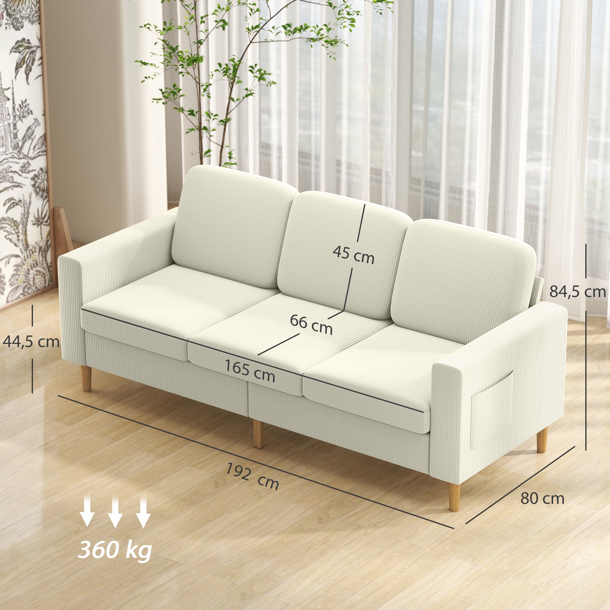 Canapé 3 places en velours côtelé, 192 cm, design moderne, canapé avec coussins à ressorts et assise rembourré, pour salon, chambre, bureau, beige