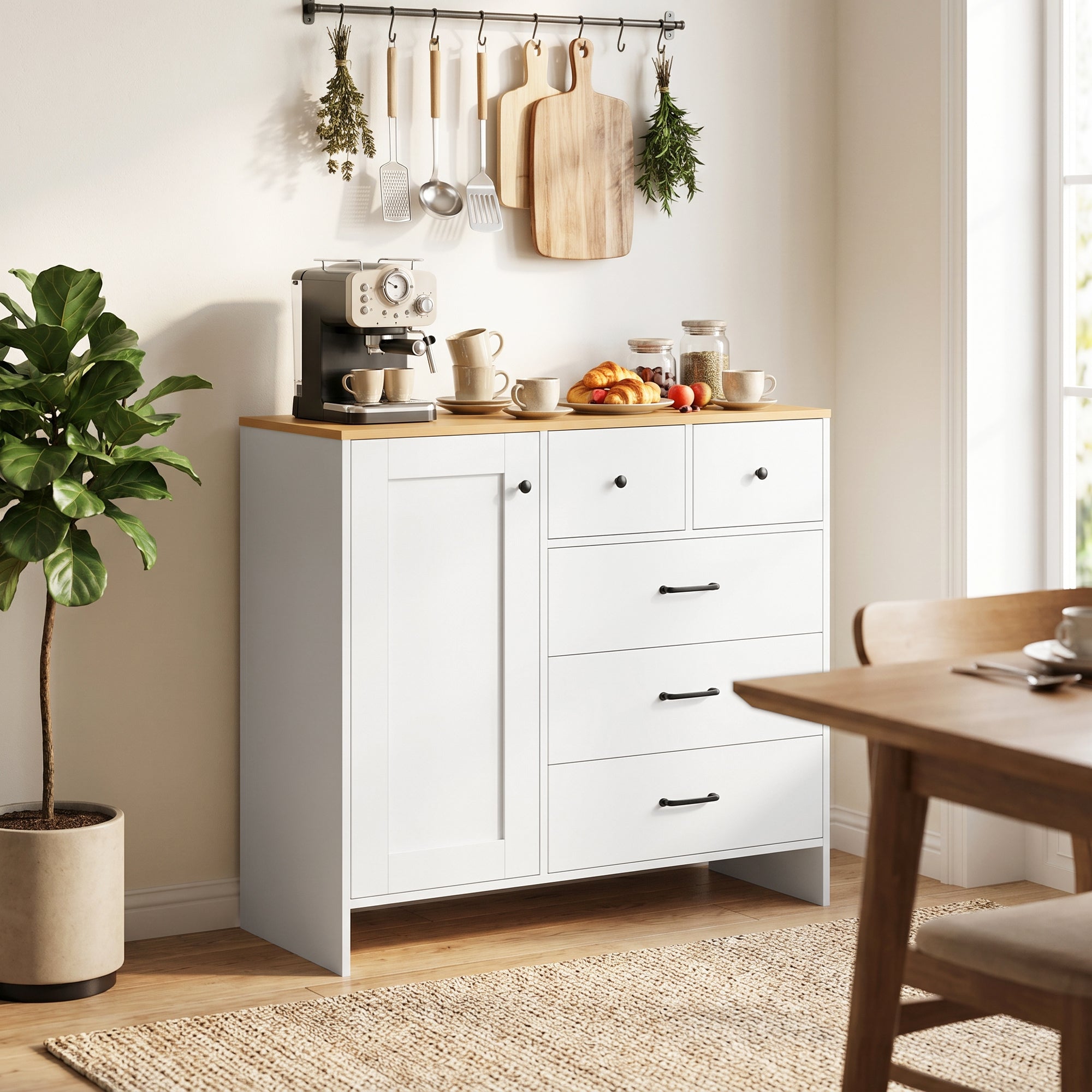 Buffet Cuisine, Meuble de Rangement avec 5 Tiroirs et Porte, Style Rustique, Meuble TV, Buffet Salle à Manger, Salon et Chambre, 100 x 40 x 94 cm, Blanc