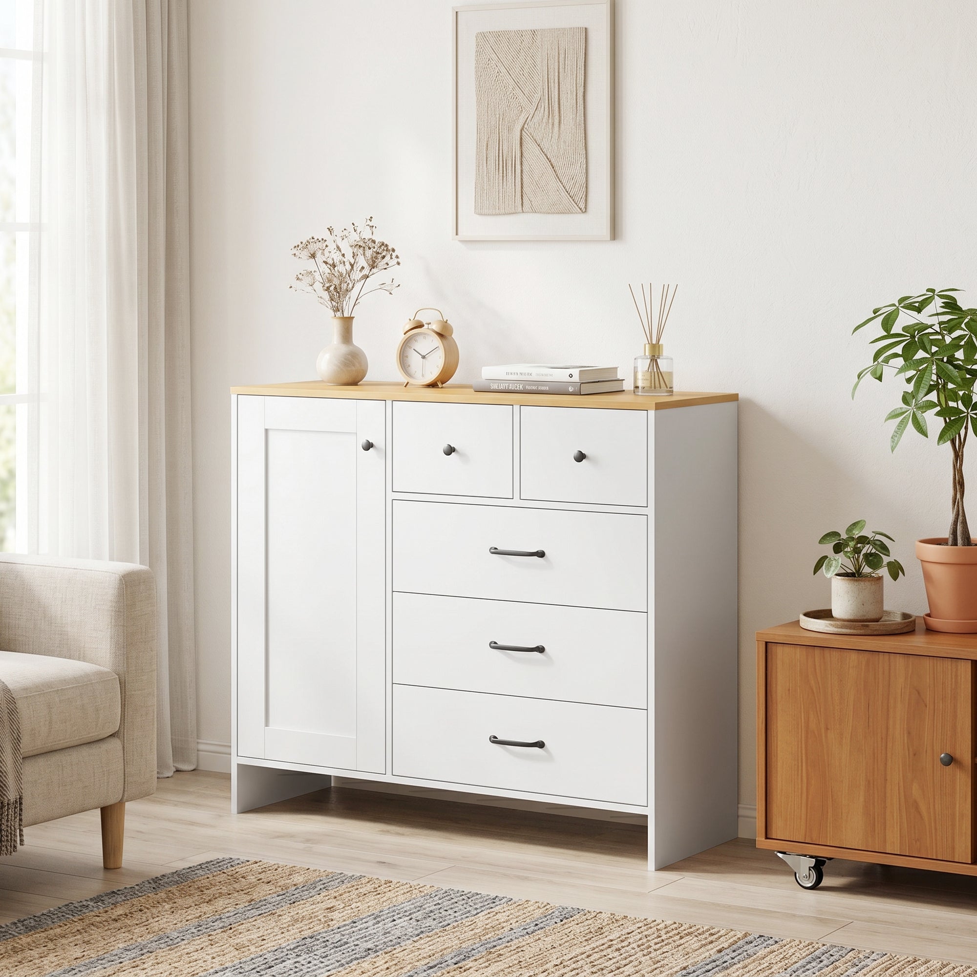 Buffet Cuisine, Meuble de Rangement avec 5 Tiroirs et Porte, Style Rustique, Meuble TV, Buffet Salle à Manger, Salon et Chambre, 100 x 40 x 94 cm, Blanc