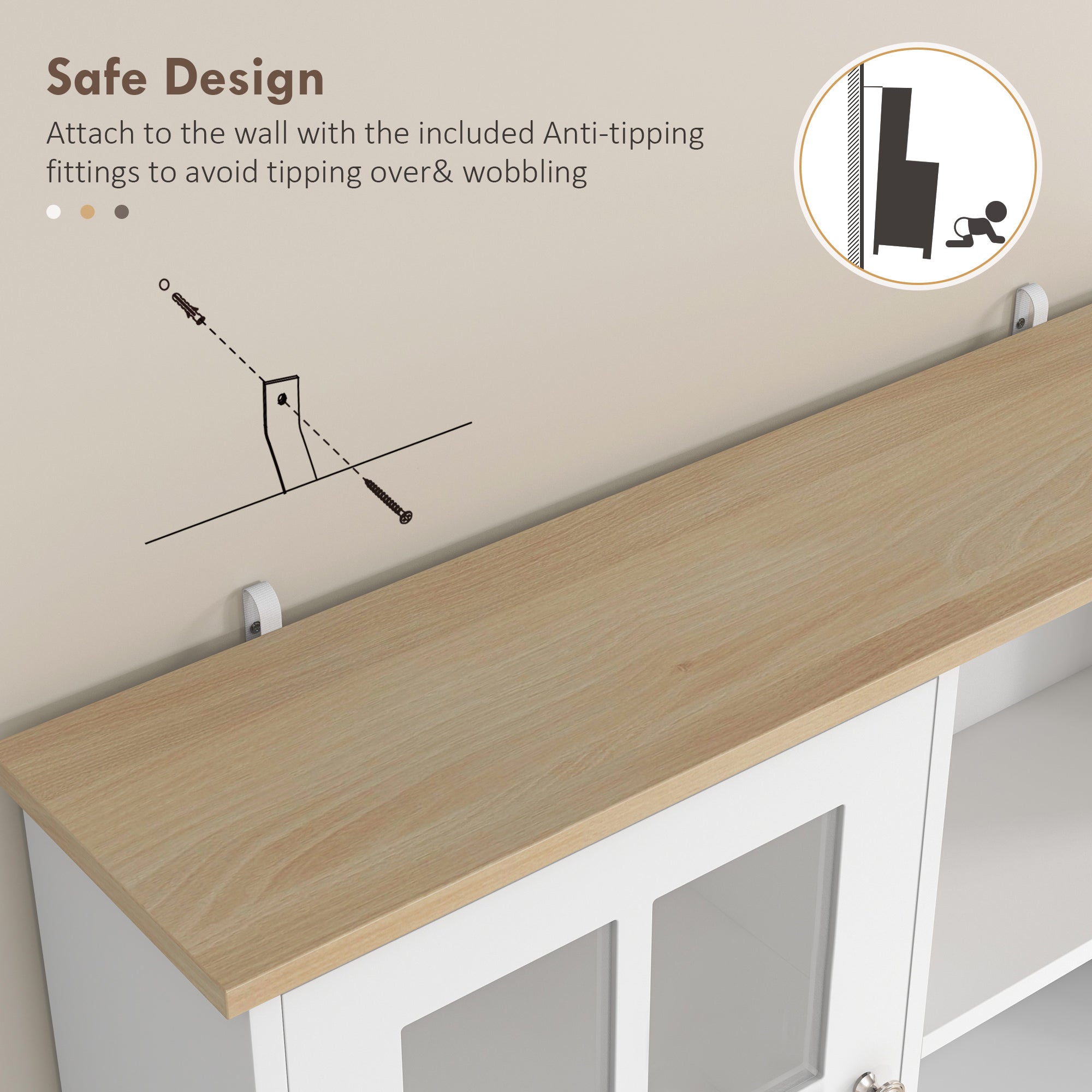 Buffet cuisine, meuble cuisine rangement haut, meuble de rangement avec plan de travail, 3 portes vitrées, 2 niches et étagères réglables, 80 x 37 x 183 cm, blanc chêne