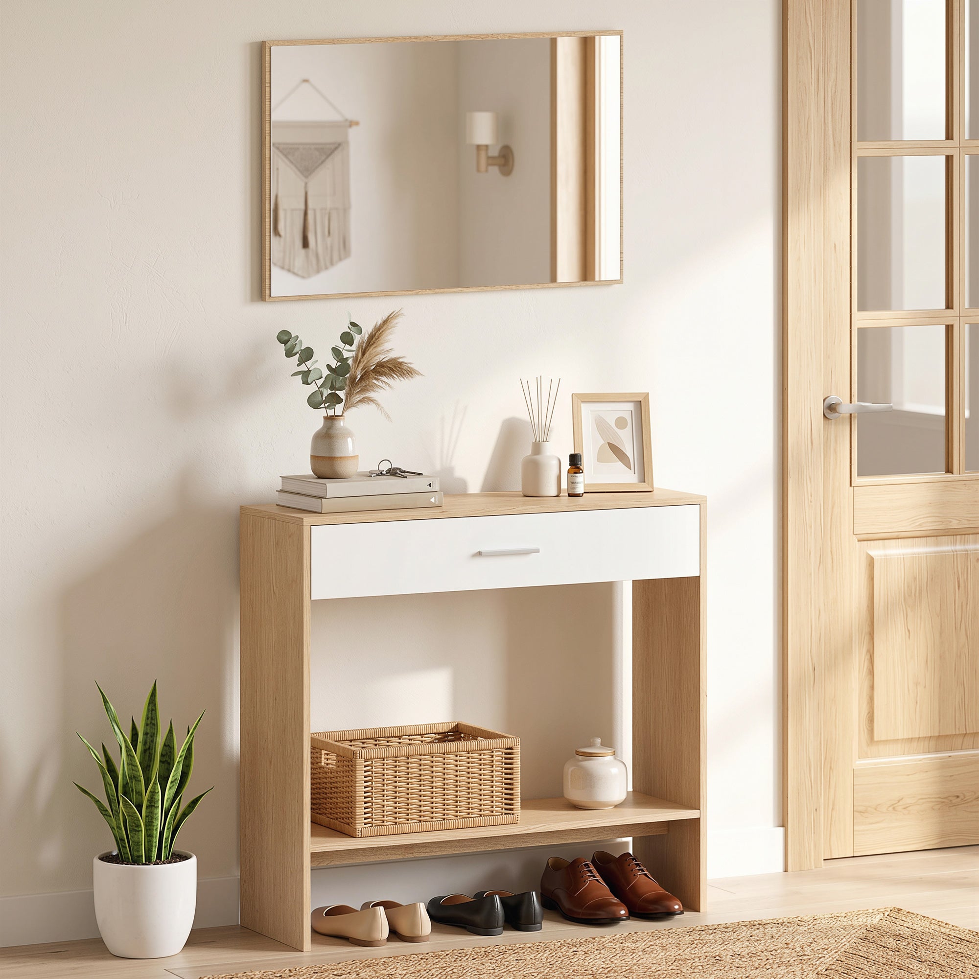 Console meuble + miroir, table console étroite avec tiroir et étagère, style moderne, table d'entrée, couloir, salon, petits espaces, 91,5 x 27,9 x 85,5 cm, chêne