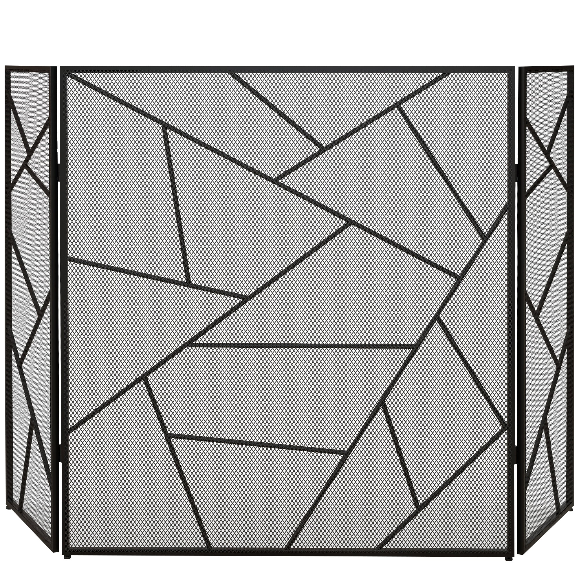 Pare feu cheminée pliable 3 panneaux, pare-étincelles cheminée, grille de protection cheminée en maille d'acier avec décor géométrique et pieds antidérapants, 135l x 1,2P x 85H cm, noir