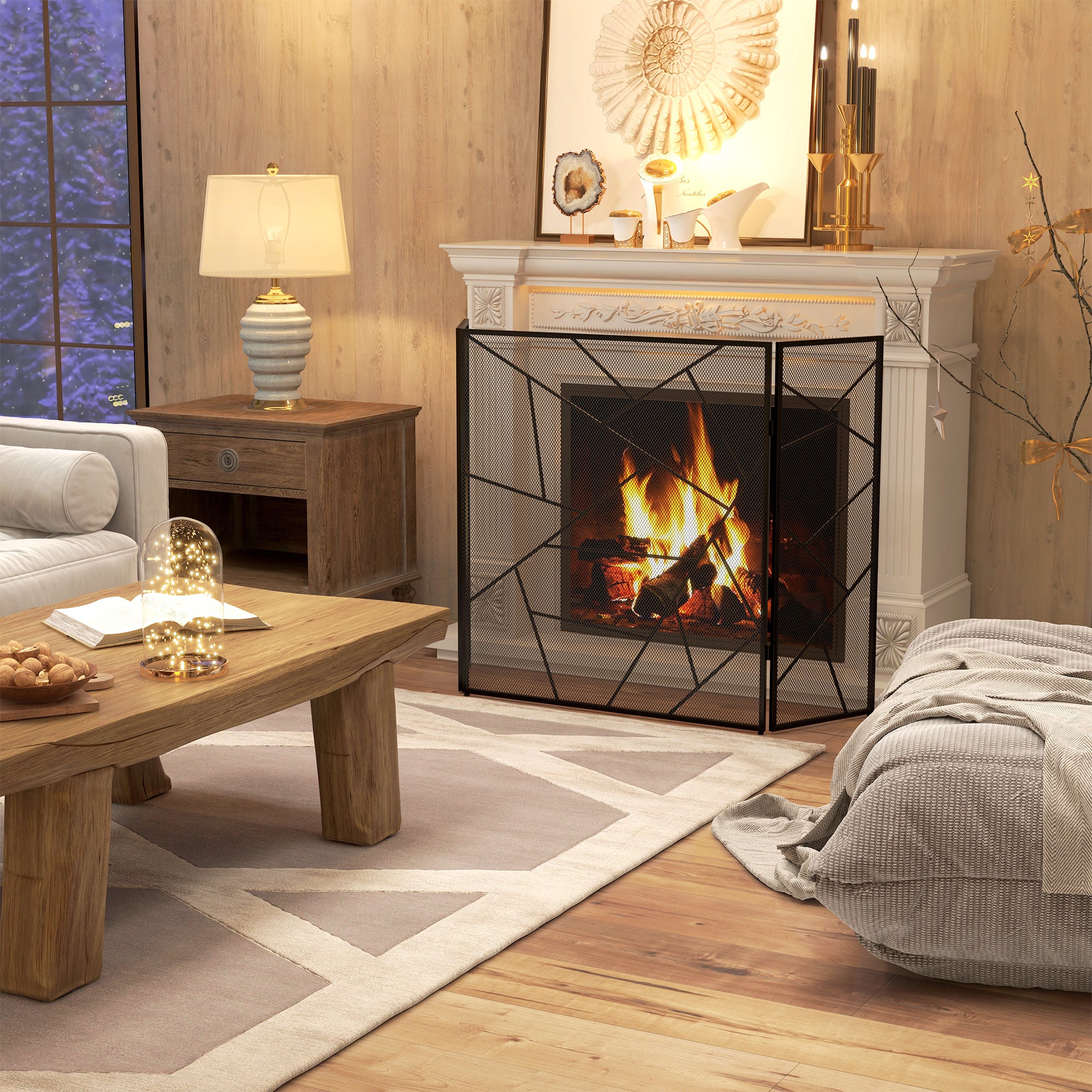 Pare feu cheminée pliable 3 panneaux, pare-étincelles cheminée, grille de protection cheminée en maille d'acier avec décor géométrique et pieds antidérapants, 135l x 1,2P x 85H cm, noir