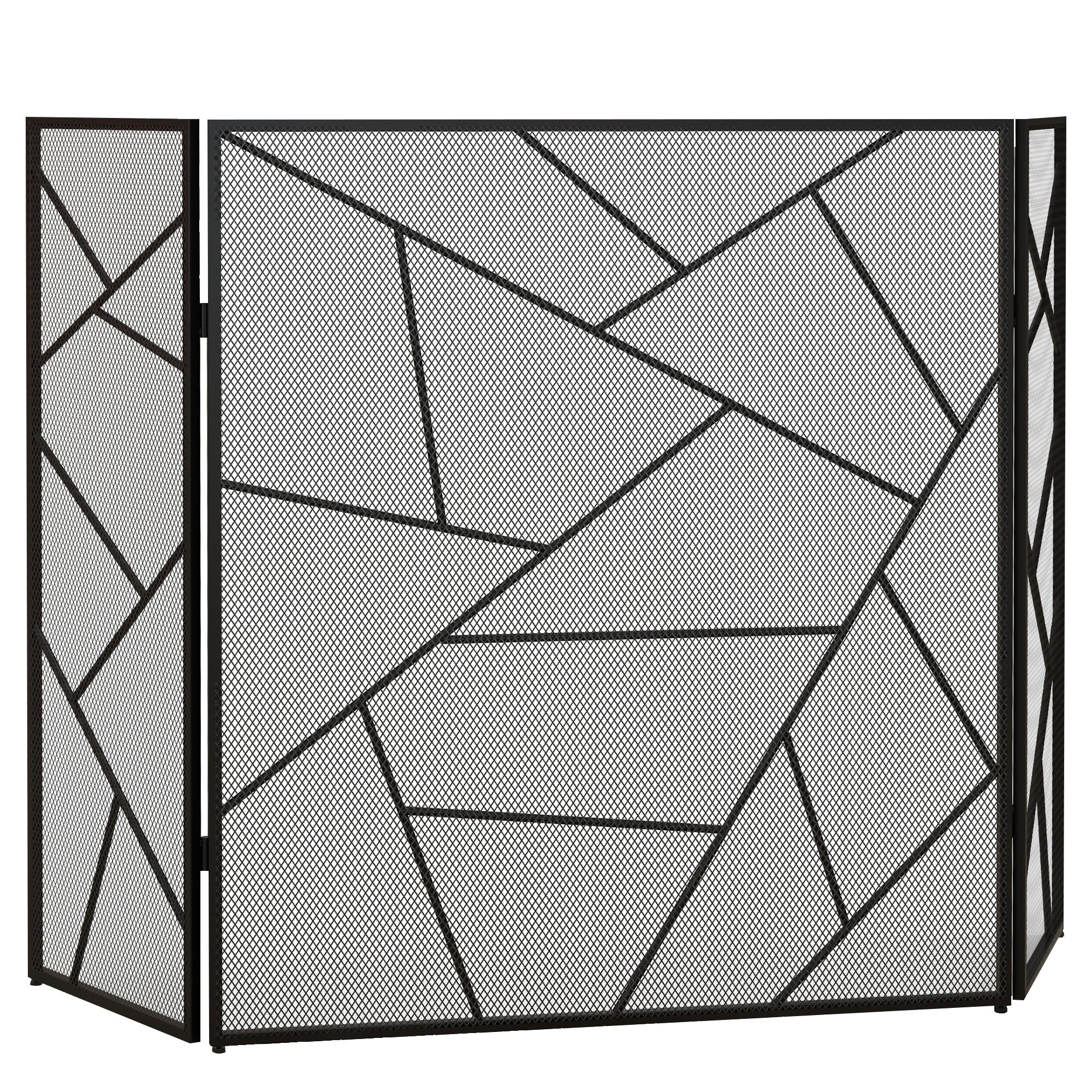 Pare feu cheminée pliable 3 panneaux, pare-étincelles cheminée, grille de protection cheminée en maille d'acier avec décor géométrique et pieds antidérapants, 135l x 1,2P x 85H cm, noir