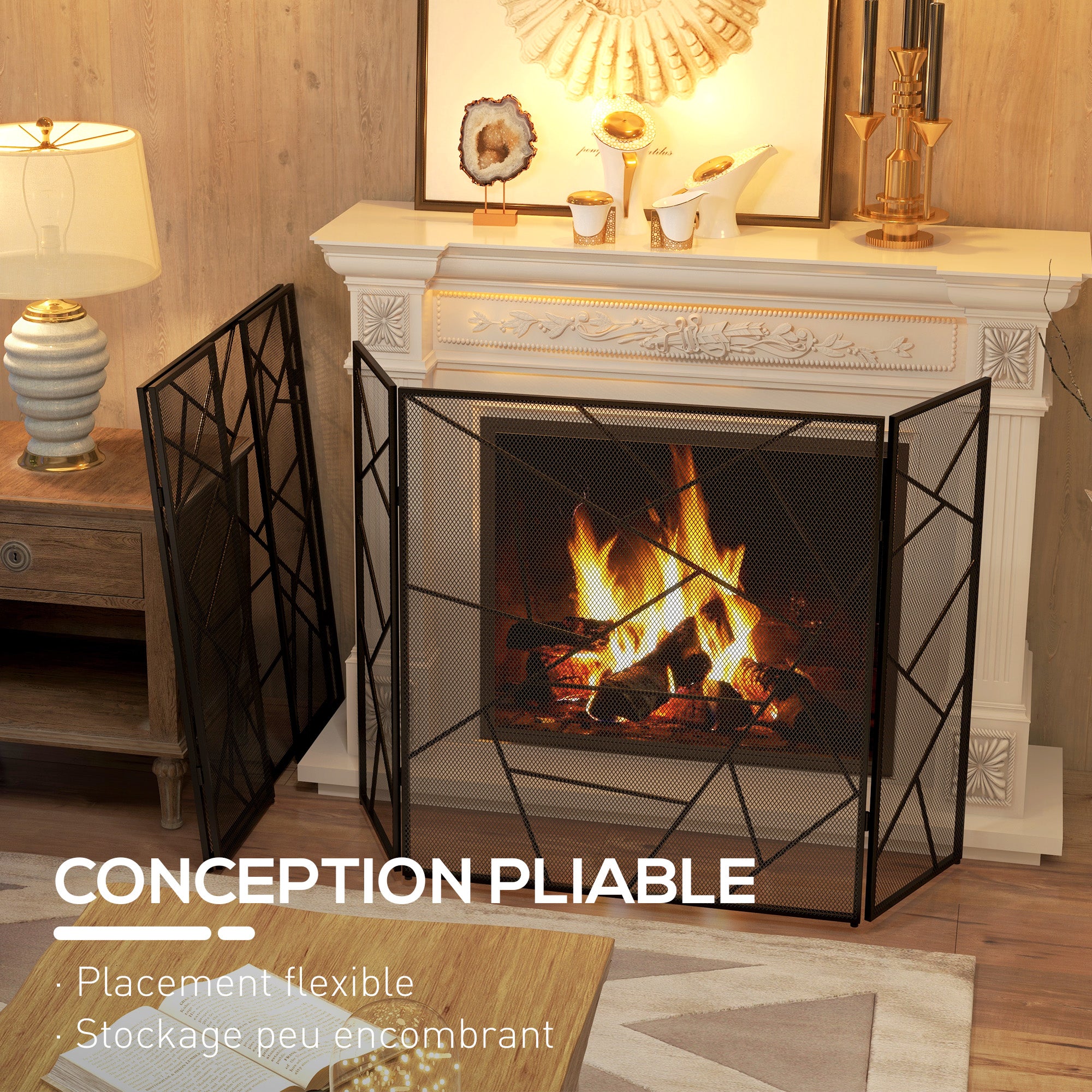 Pare feu cheminée pliable 3 panneaux, pare-étincelles cheminée, grille de protection cheminée en maille d'acier avec décor géométrique et pieds antidérapants, 135l x 1,2P x 85H cm, noir