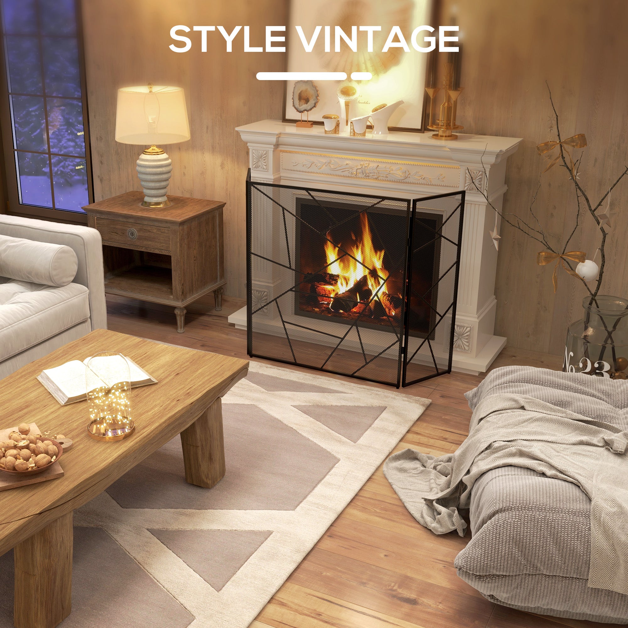 Pare feu cheminée pliable 3 panneaux, pare-étincelles cheminée, grille de protection cheminée en maille d'acier avec décor géométrique et pieds antidérapants, 135l x 1,2P x 85H cm, noir