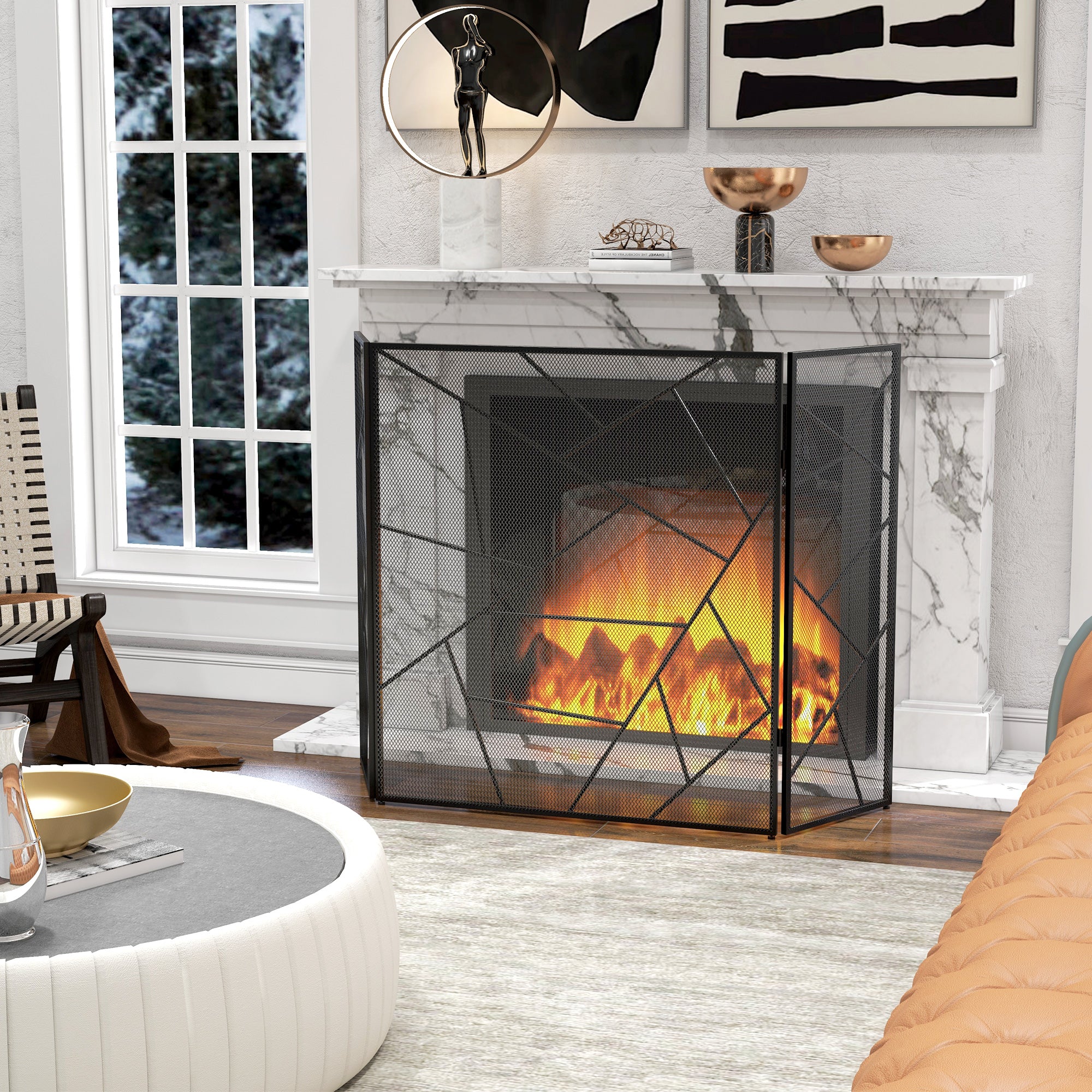 Pare feu cheminée pliable 3 panneaux, pare-étincelles cheminée, grille de protection cheminée en maille d'acier avec décor géométrique et pieds antidérapants, 135l x 1,2P x 85H cm, noir