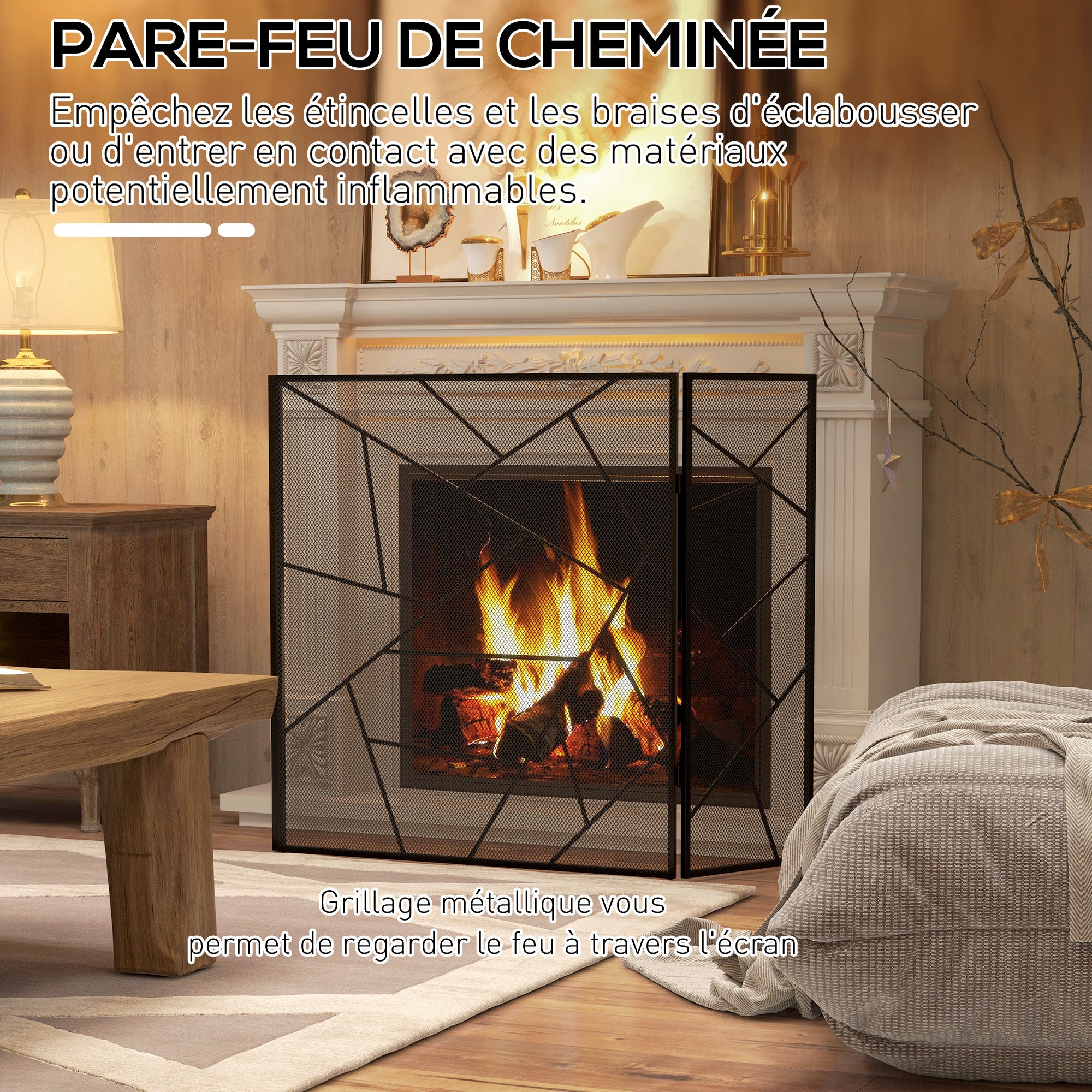 Pare feu cheminée pliable 3 panneaux, pare-étincelles cheminée, grille de protection cheminée en maille d'acier avec décor géométrique et pieds antidérapants, 135l x 1,2P x 85H cm, noir