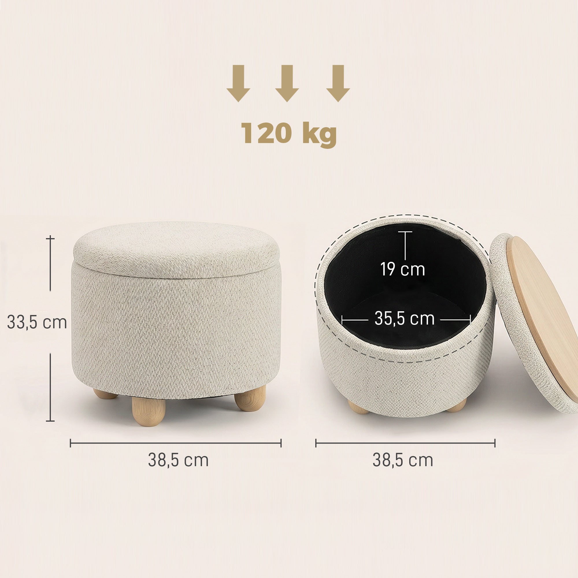 Pouf Coffre de Rangement Rond en Toile de Jute, Repose-pieds avec Couvercle, Pieds Bois Hévéa, Tabouret de Rangement pour Chambre, Couloir, Salon, Ø 38,5 x 33,5 cm, Beige