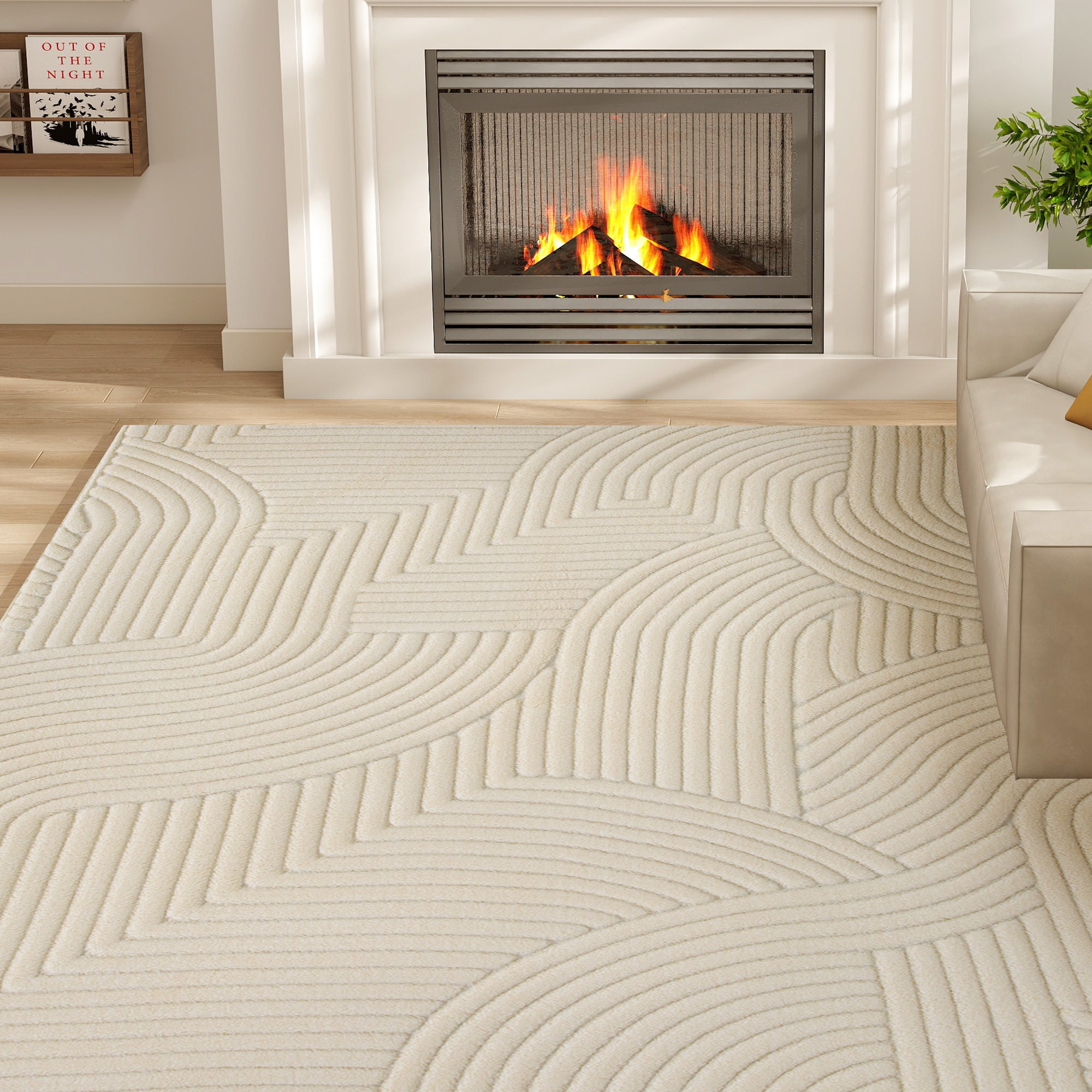 Tapis salon 160 x 120 cm, tapis à poils épais géométrique, moelleux et antidérapant, style moderne, pour salon, chambre à coucher, bureau, crème