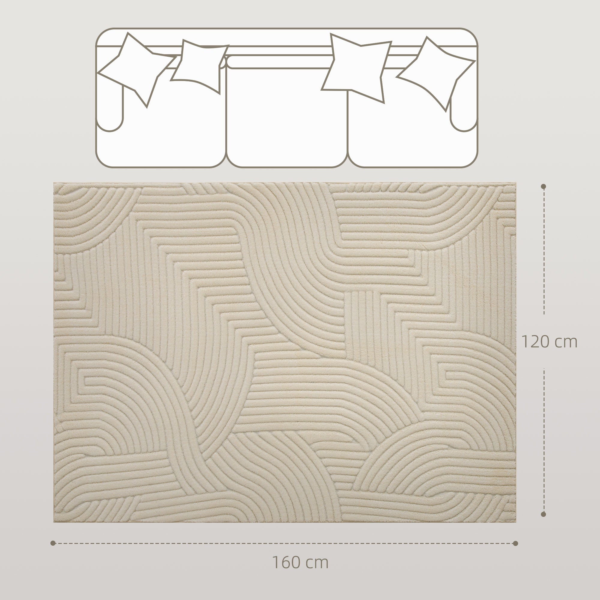 Tapis salon 160 x 120 cm, tapis à poils épais géométrique, moelleux et antidérapant, style moderne, pour salon, chambre à coucher, bureau, crème