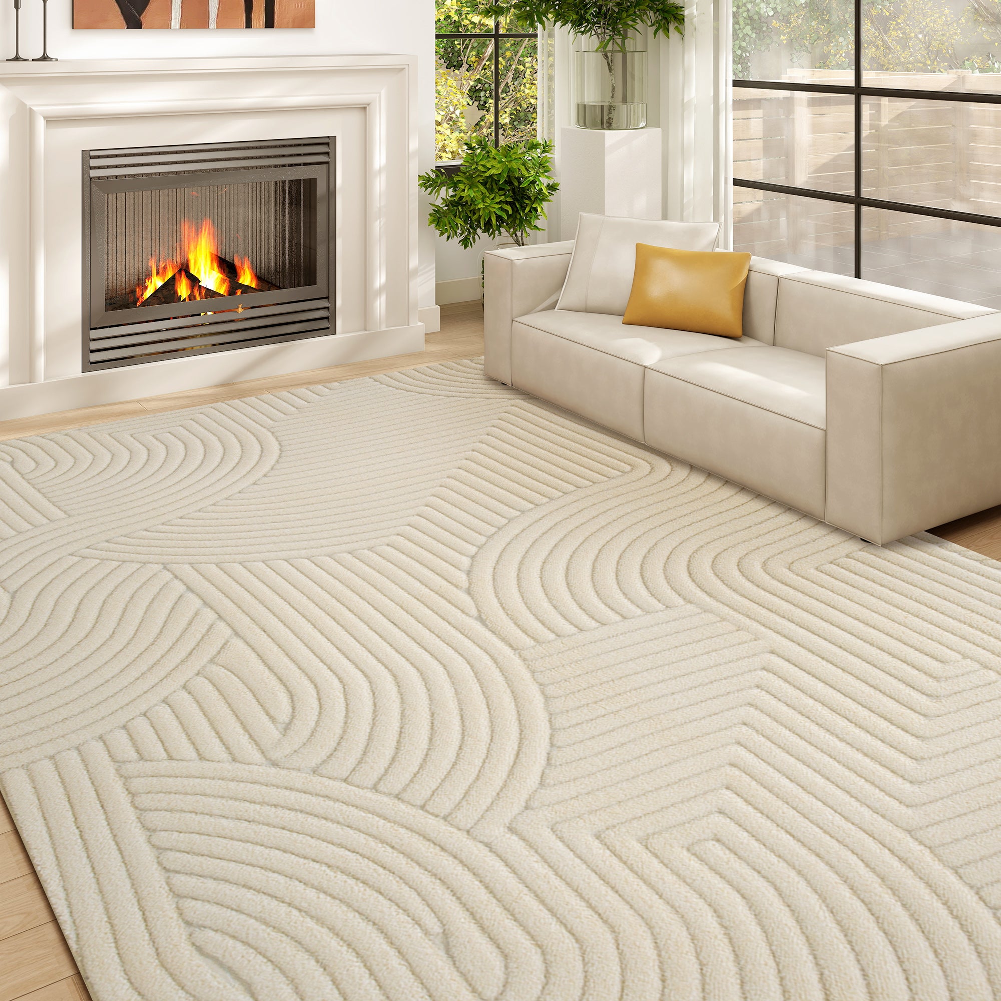 Tapis salon 160 x 120 cm, tapis à poils épais géométrique, moelleux et antidérapant, style moderne, pour salon, chambre à coucher, bureau, crème
