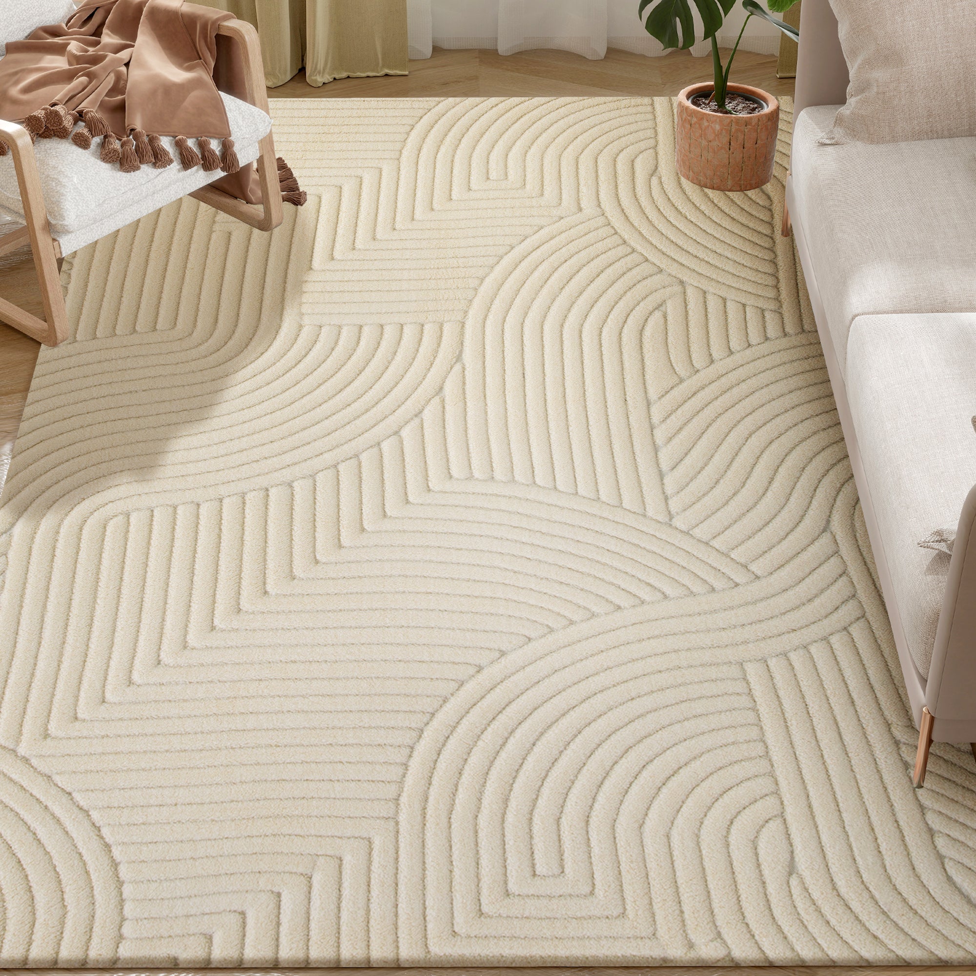 Tapis salon 160 x 120 cm, tapis à poils épais géométrique, moelleux et antidérapant, style moderne, pour salon, chambre à coucher, bureau, crème