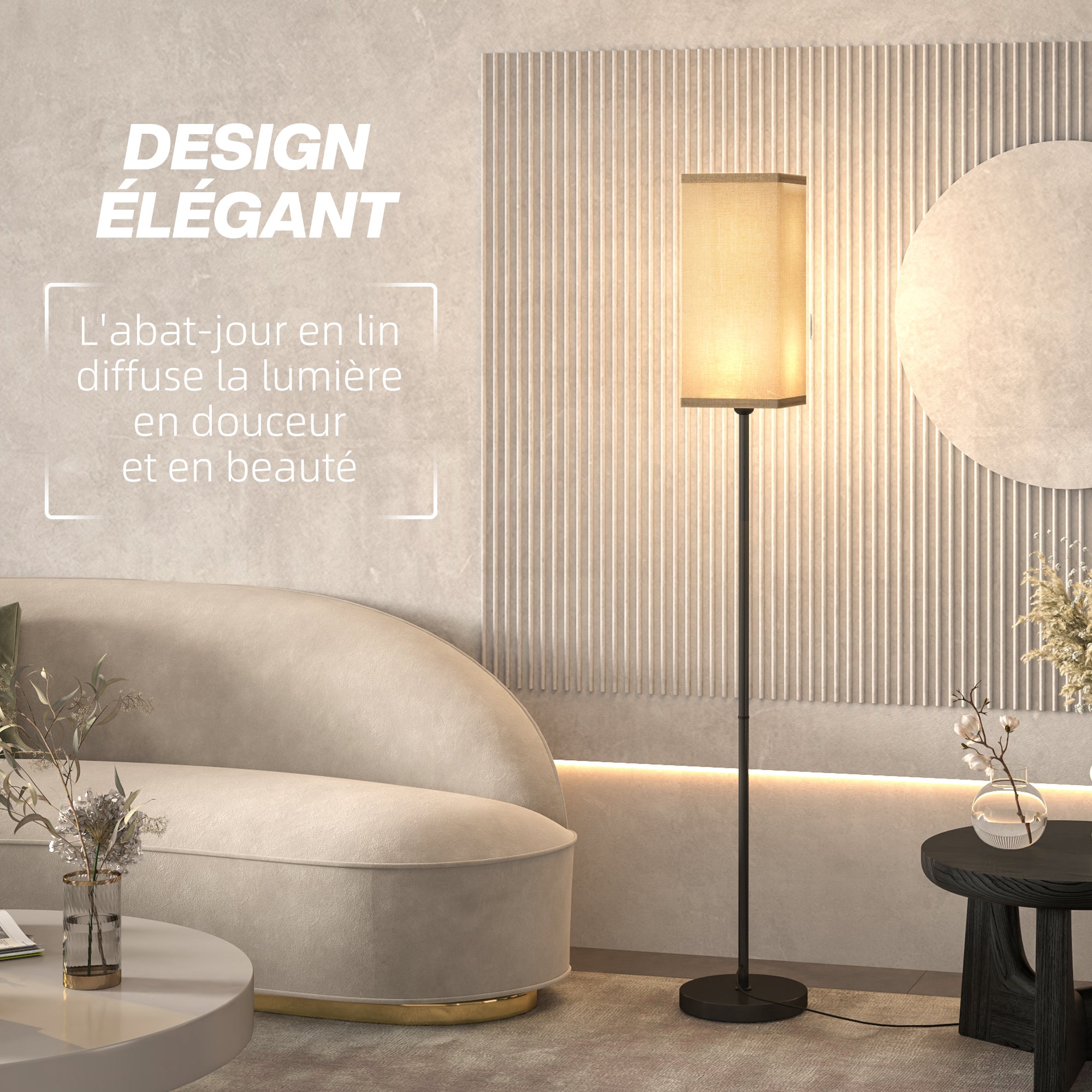 Lampadaire sur pied salon, lampe salon sur pied, avec abat-jour beige effet lin, interrupteur, pour chambre à coucher, noir