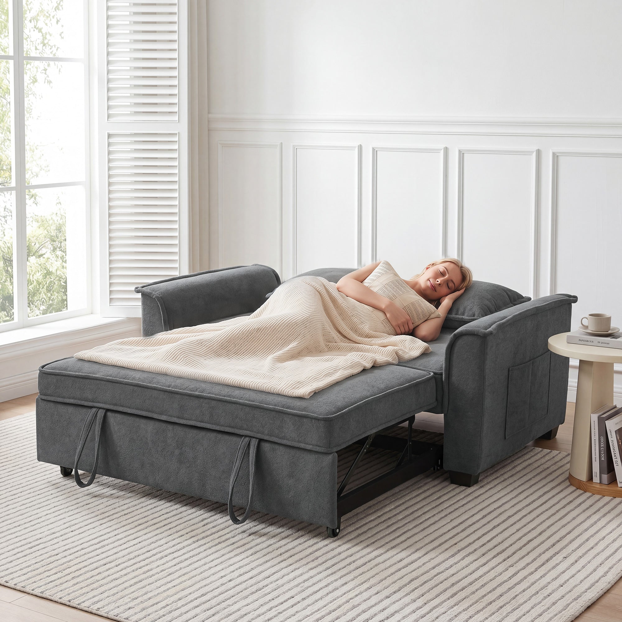 Canapé convertible 2 places, canapé-lit clic-clac en chenille 168cm, dossier réglable, ressorts ensachés, poche latérale, 2 coussins, style moderne, pour salon chambre d'amis petit espace, gris