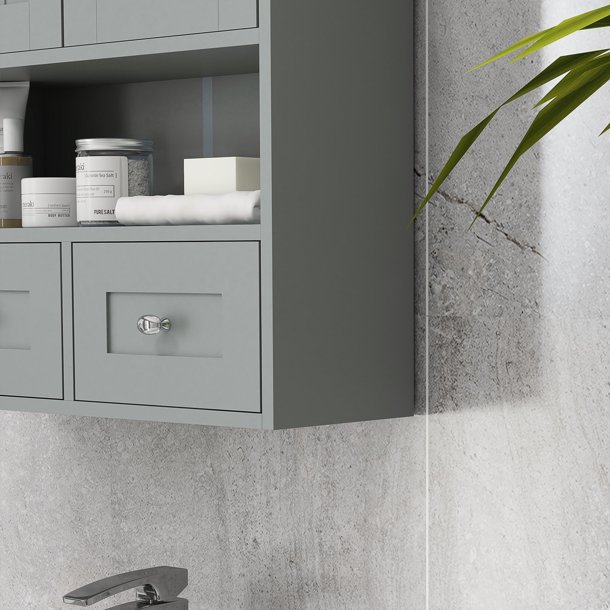 Armoire murale de salle de bain, armoire de toilette, avec portes doubles, étagère ouverte, 2 tiroirs pour ranger, 50,8l x 17,8P x 66H cm, gris