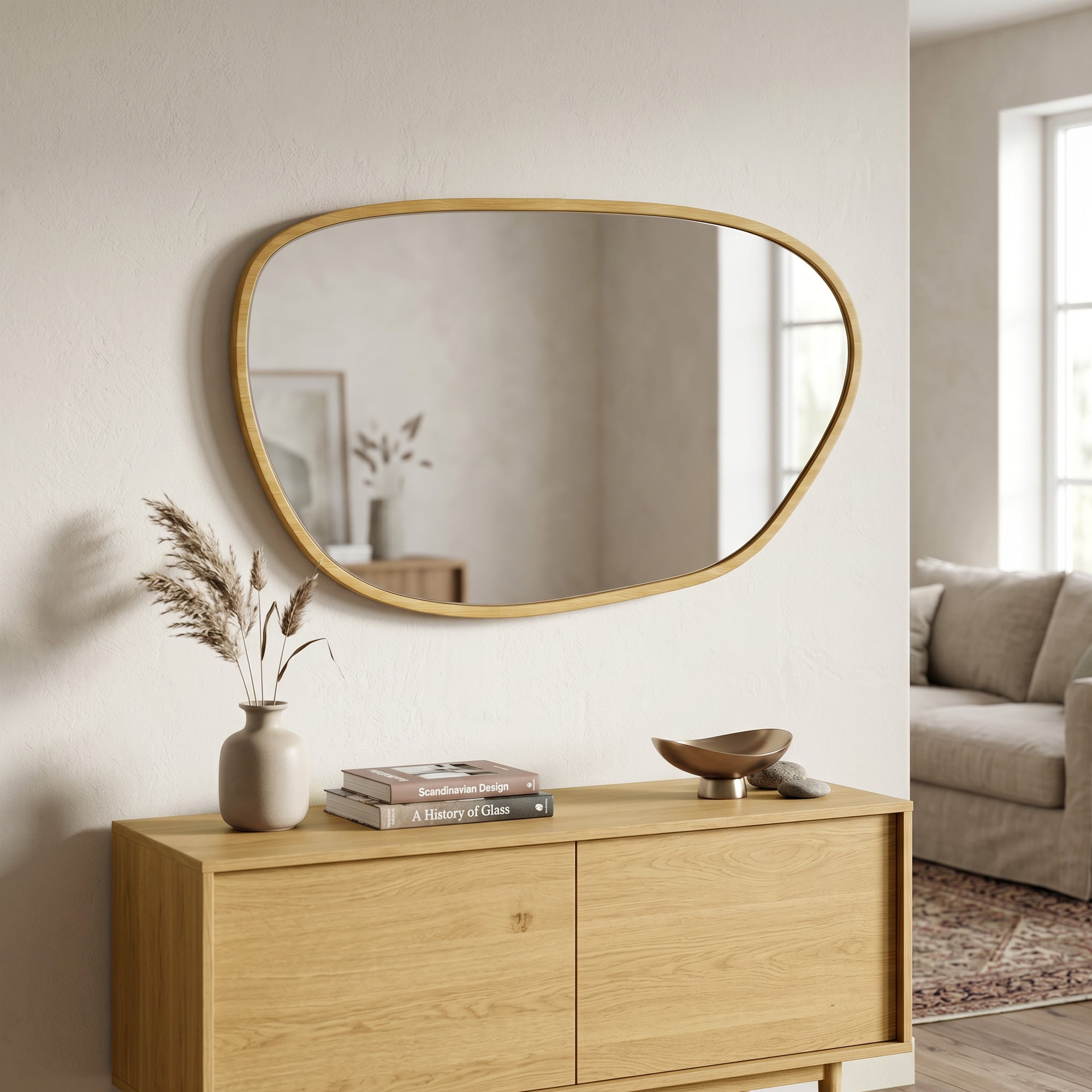 Miroir mural, miroir décoratif asymétrique 90 x 60 cm en verre trempé, pour salle de bain, chambre, salon, couloir, naturel