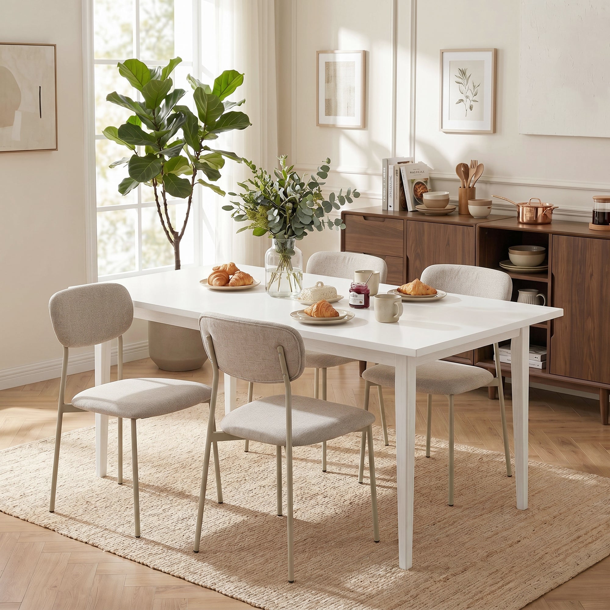 Lot de 2 chaises de salle à manger modernes, chaises de cuisine empilables en tissu effet lin avec siège et dossier rembourrés, pieds en acier, marron clair