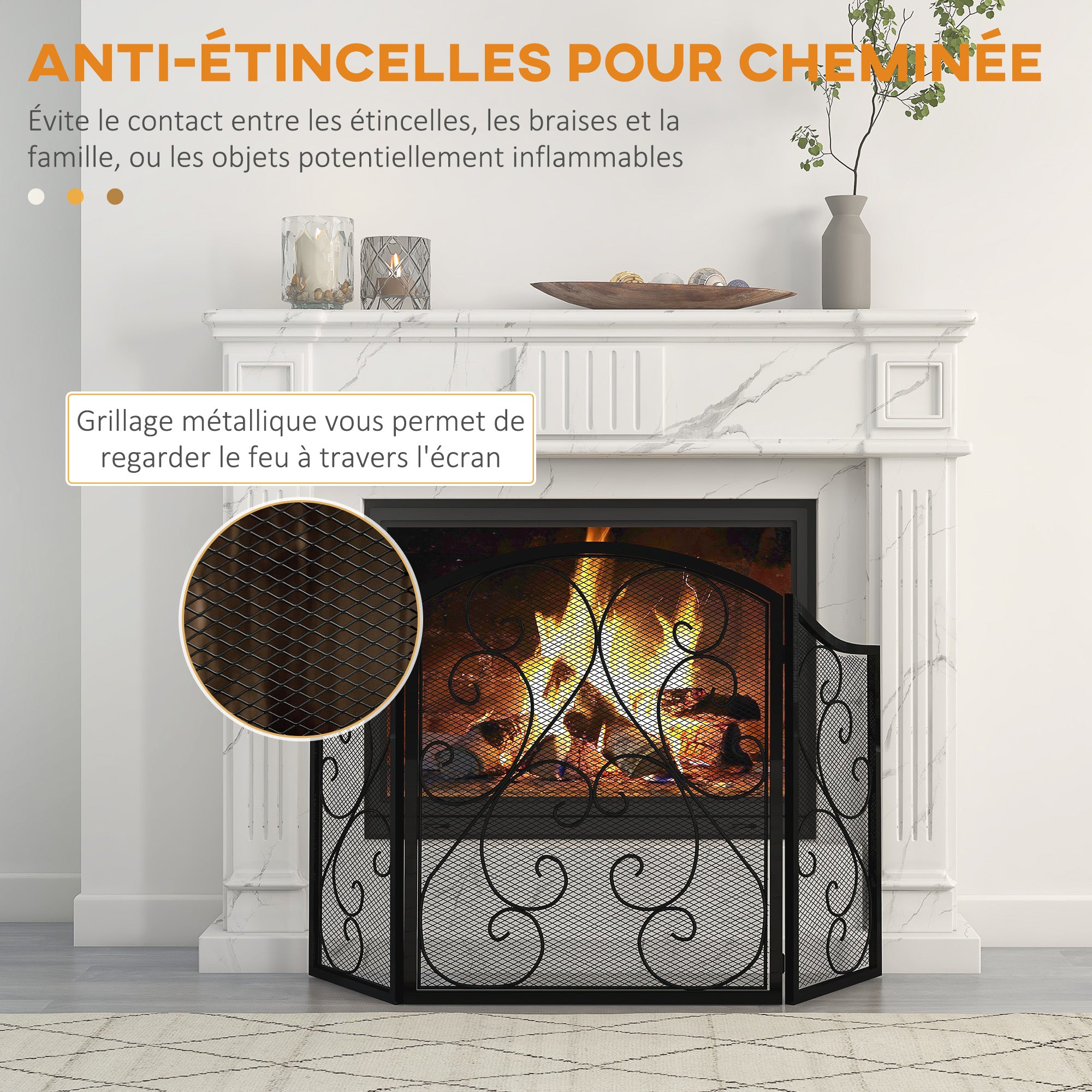 Pare-feu cheminée pare-étincelles 3 volets pliables grille de protection pour cheminée ou poêle - dim. 66 x 31 x 81 cm - métal noir