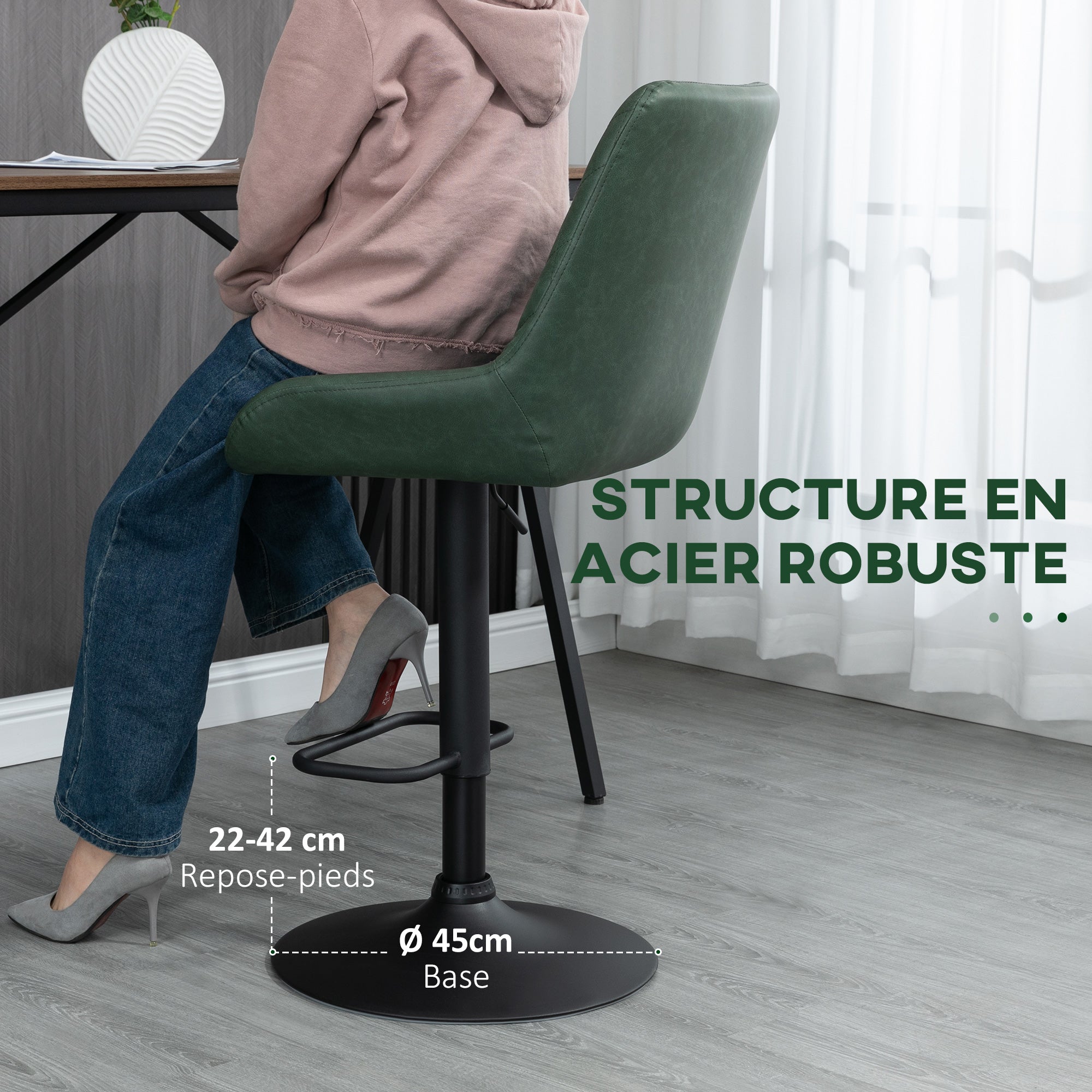 Lot de 2 tabourets de bar en similicuir, chaises de bar, tabourets hauts, hauteur réglable, pivotant à 360°, avec dossier et repose-pieds, piètement en acier, vert foncé