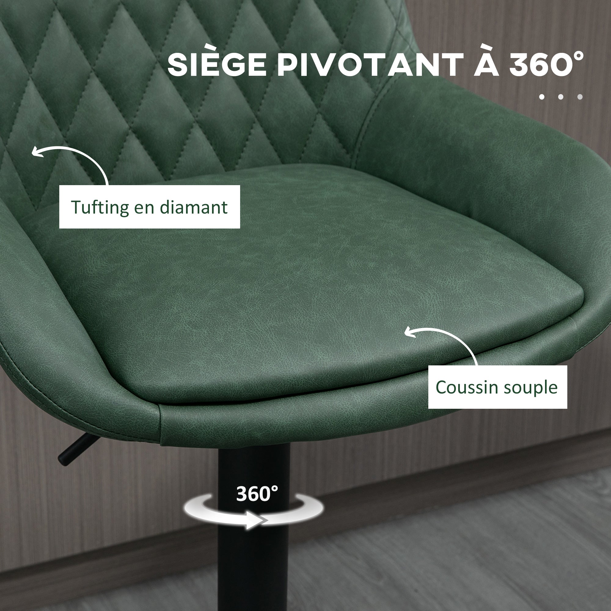 Lot de 2 tabourets de bar en similicuir, chaises de bar, tabourets hauts, hauteur réglable, pivotant à 360°, avec dossier et repose-pieds, piètement en acier, vert foncé