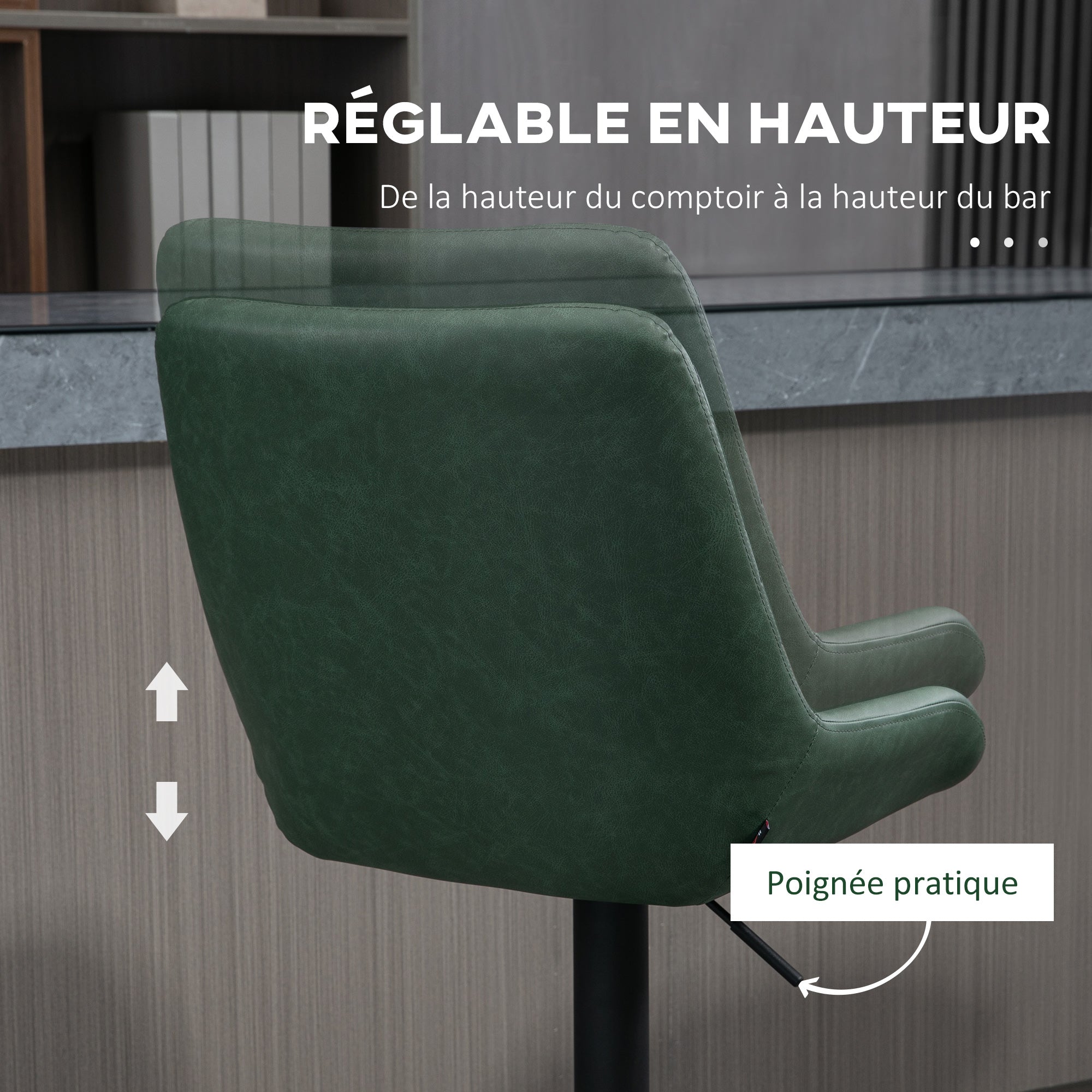 Lot de 2 tabourets de bar en similicuir, chaises de bar, tabourets hauts, hauteur réglable, pivotant à 360°, avec dossier et repose-pieds, piètement en acier, vert foncé