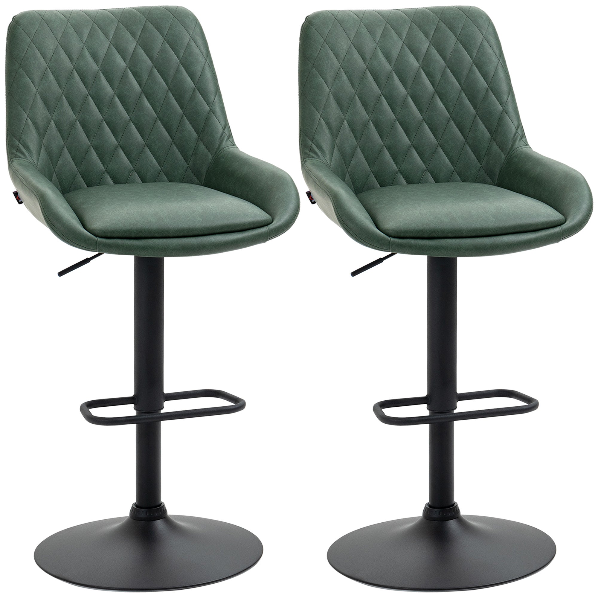 Lot de 2 tabourets de bar en similicuir, chaises de bar, tabourets hauts, hauteur réglable, pivotant à 360°, avec dossier et repose-pieds, piètement en acier, vert foncé