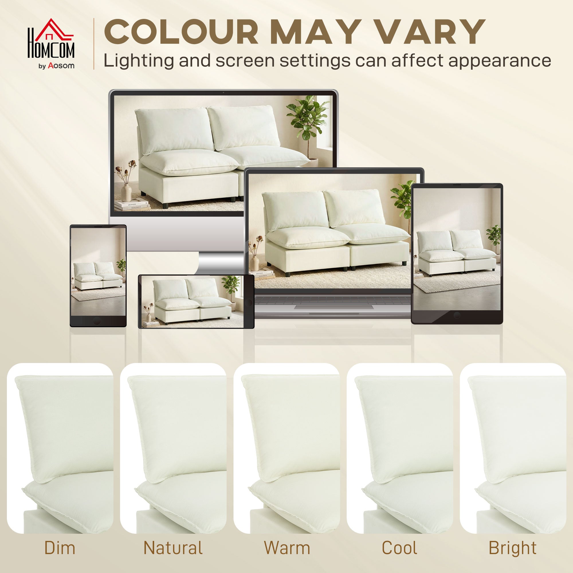 Canapé 2 places modulable, canapé de salon moderne 146 cm sans accoudoirs avec assise large, coussins épais, tissu en lin, pour chambre, appartement, petit espace, crème