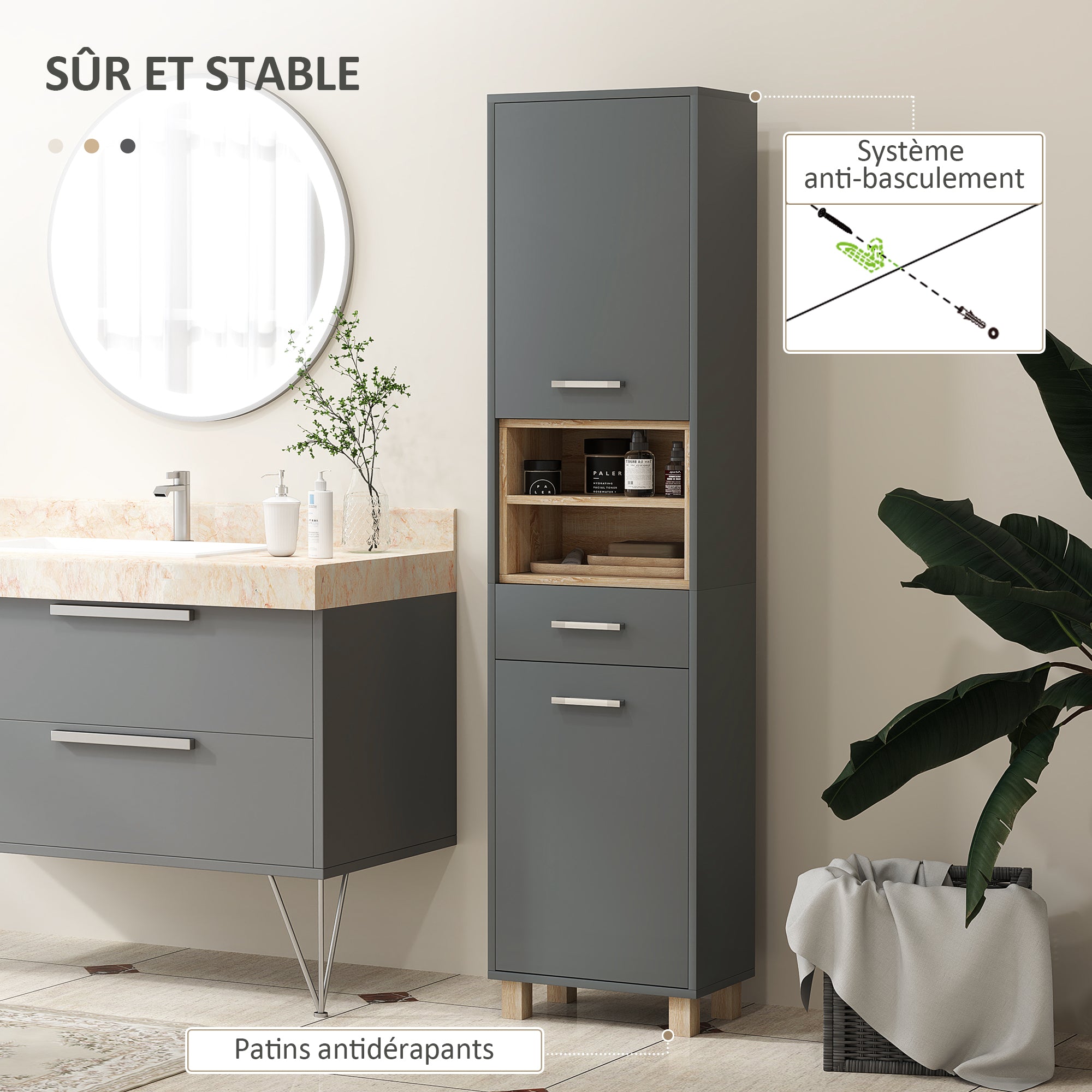Colonne salle de bain, meuble salle de bain rangement, meuble de rangement avec 2 placards, tiroir et 2 compartiments ouverts, armoire haute pour salon, cuisine - 40 x 24 x 160 cm, gris