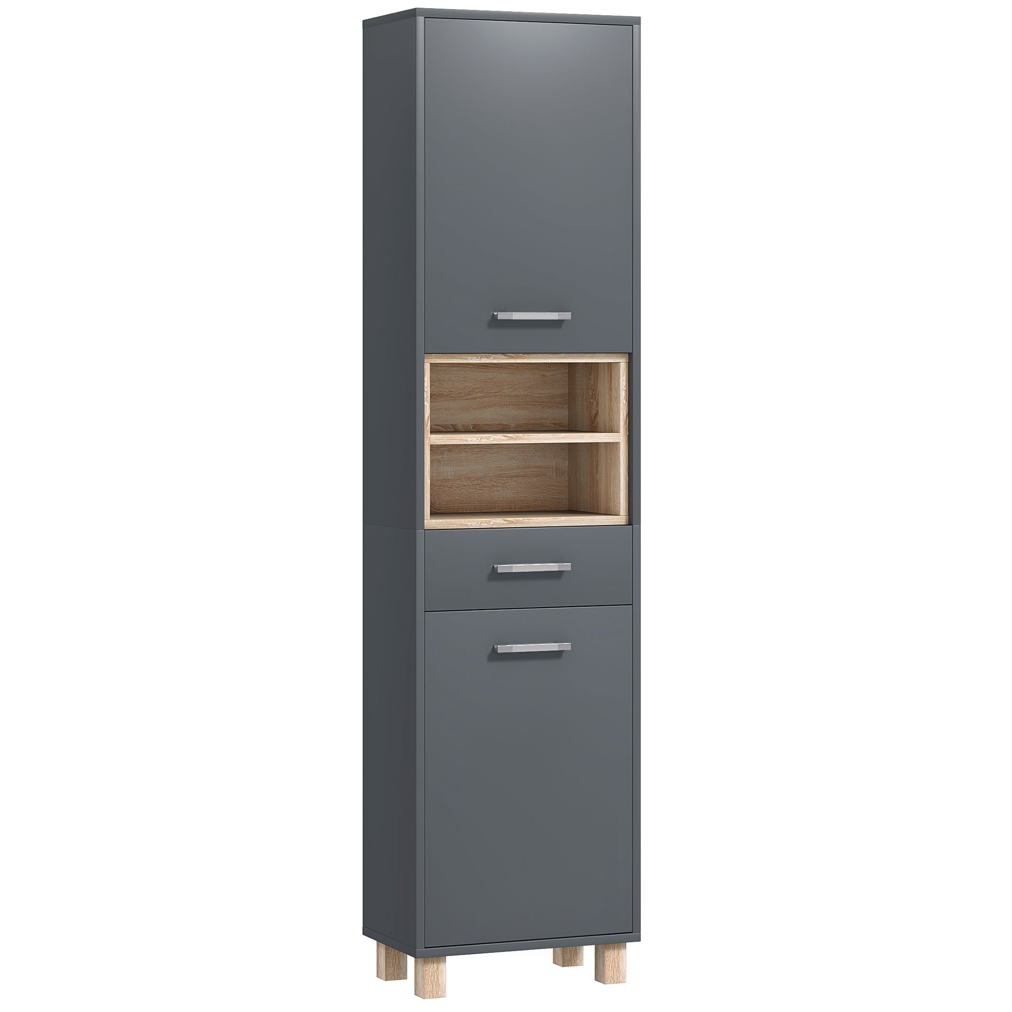 Colonne salle de bain, meuble salle de bain rangement, meuble de rangement avec 2 placards, tiroir et 2 compartiments ouverts, armoire haute pour salon, cuisine - 40 x 24 x 160 cm, gris