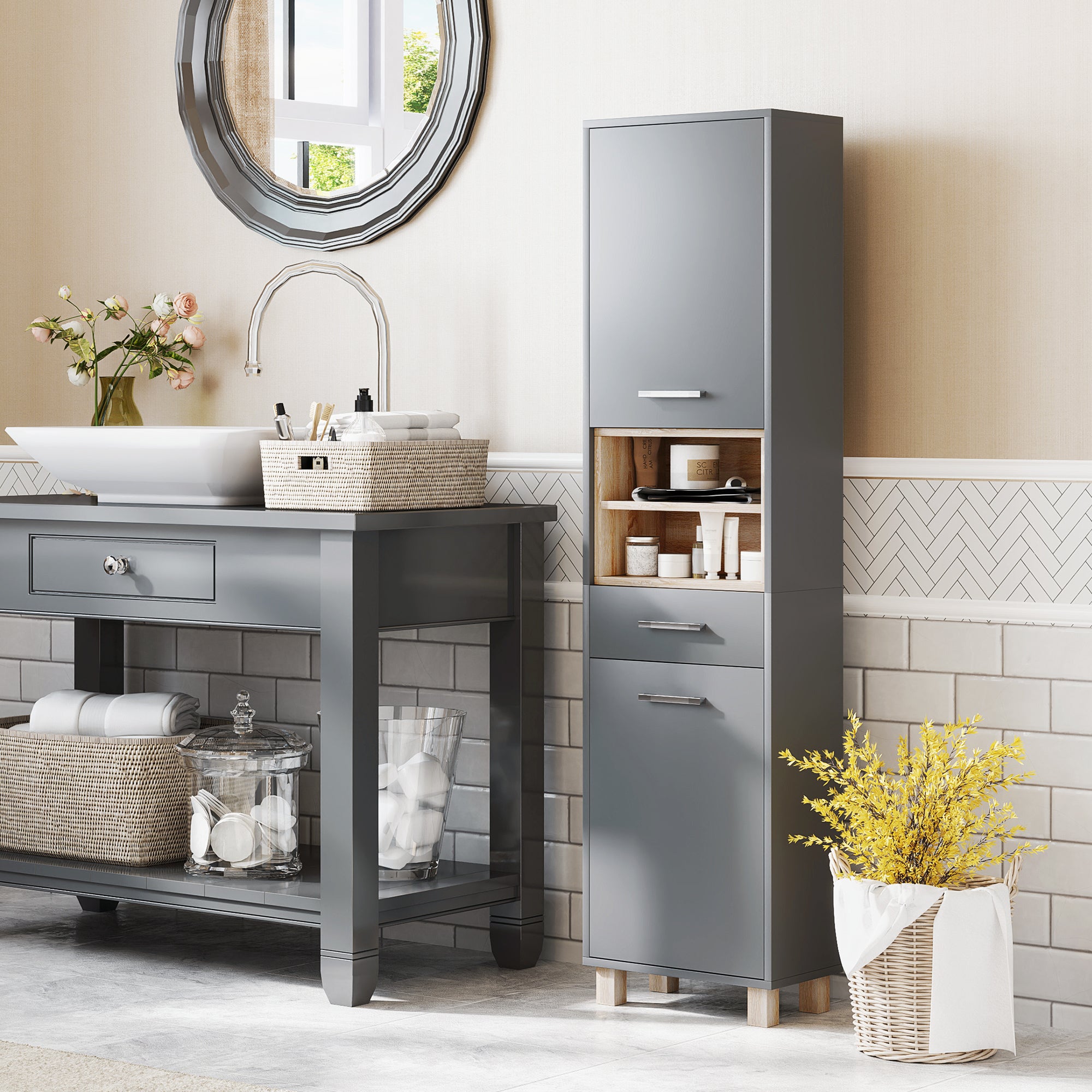 Colonne salle de bain, meuble salle de bain rangement, meuble de rangement avec 2 placards, tiroir et 2 compartiments ouverts, armoire haute pour salon, cuisine - 40 x 24 x 160 cm, gris