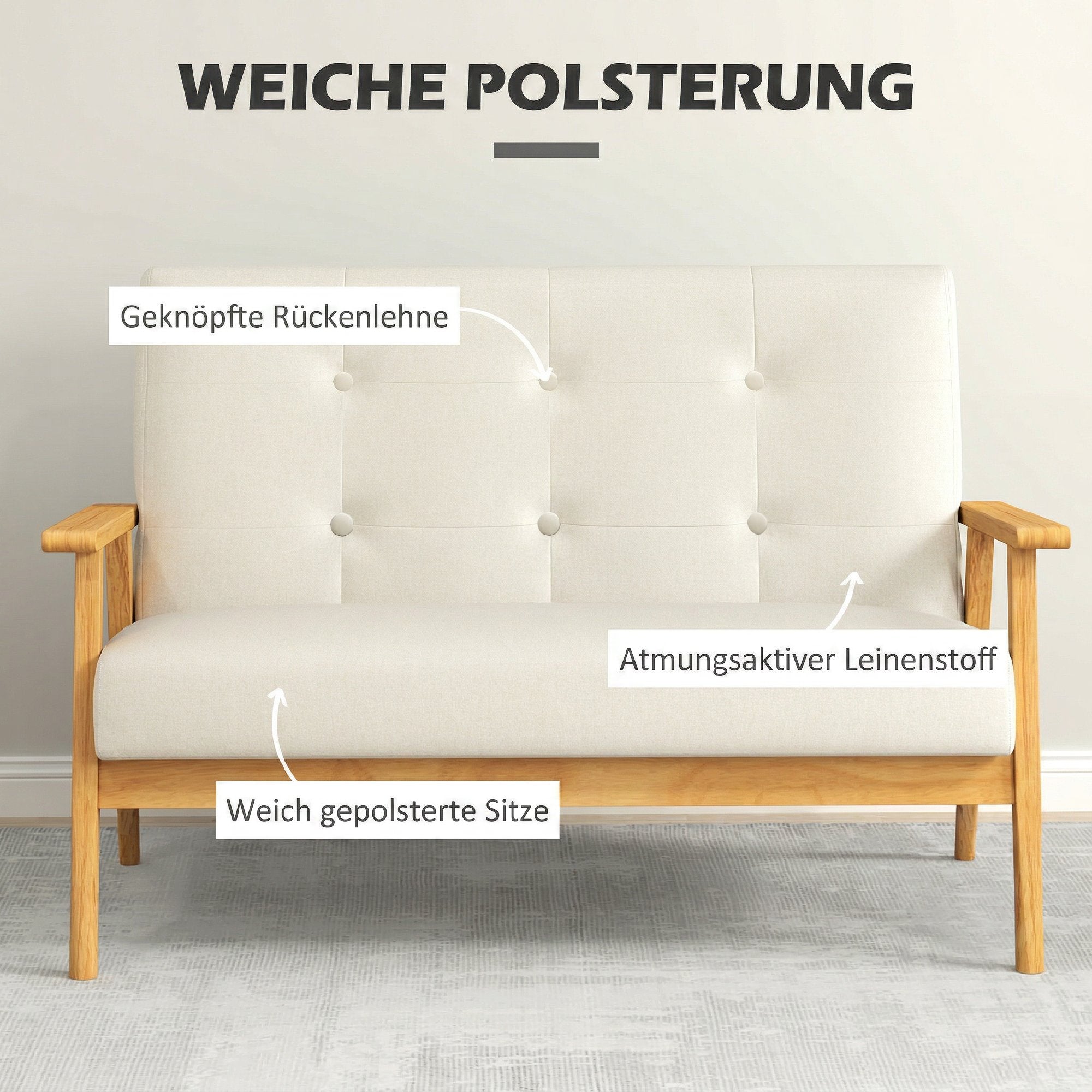 Canapé 3 places 115 cm, canapé scandinave avec dossier capitonné, assise rembourrée et accoudoirs, pieds en bois d'hévéa, pour salon, chambre, petit espace, beige