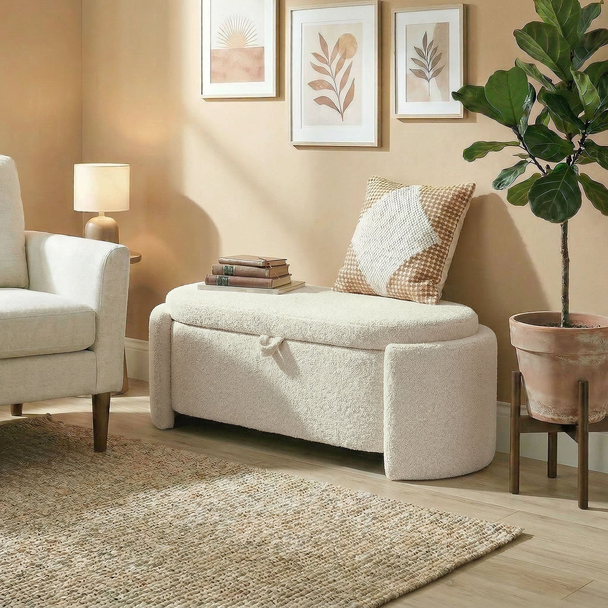 Banc de rangement, bout de lit ovale, repose-pieds rembourré en polaire Teddy avec assise large, charge 200 Kg, coffre de rangement pour salon, chambre, entrée, 129 x 48,5 x 44 cm, crème