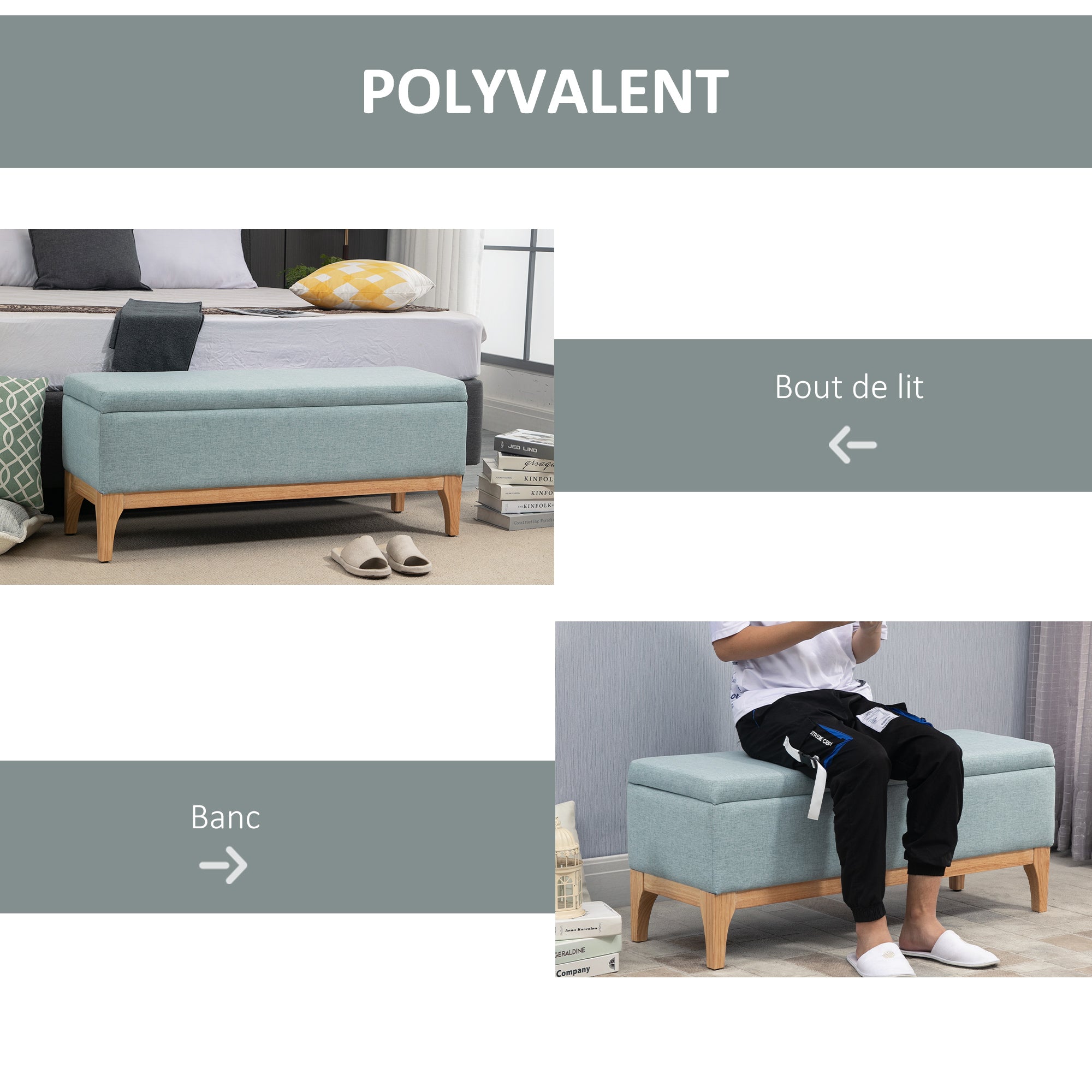 Banc de rangement, coffre de rangement avec couvercle amovible style scandinave, bout de lit en tissu lin, 110 x 39 x 45 cm, vert d'eau