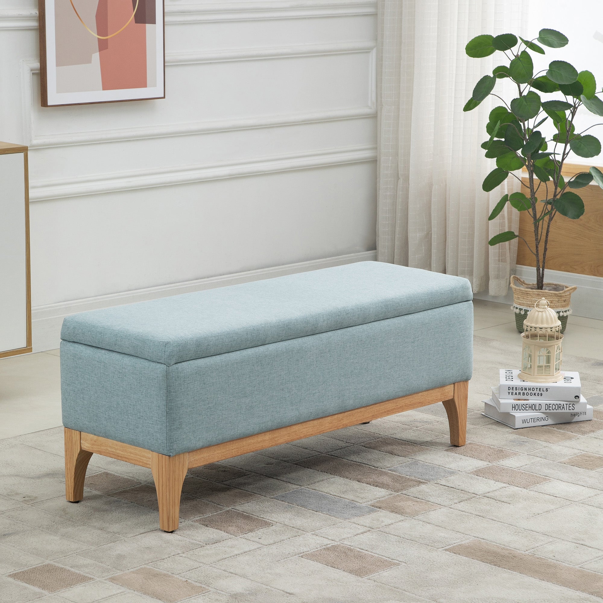 Banc de rangement, coffre de rangement avec couvercle amovible style scandinave, bout de lit en tissu lin, 110 x 39 x 45 cm, vert d'eau