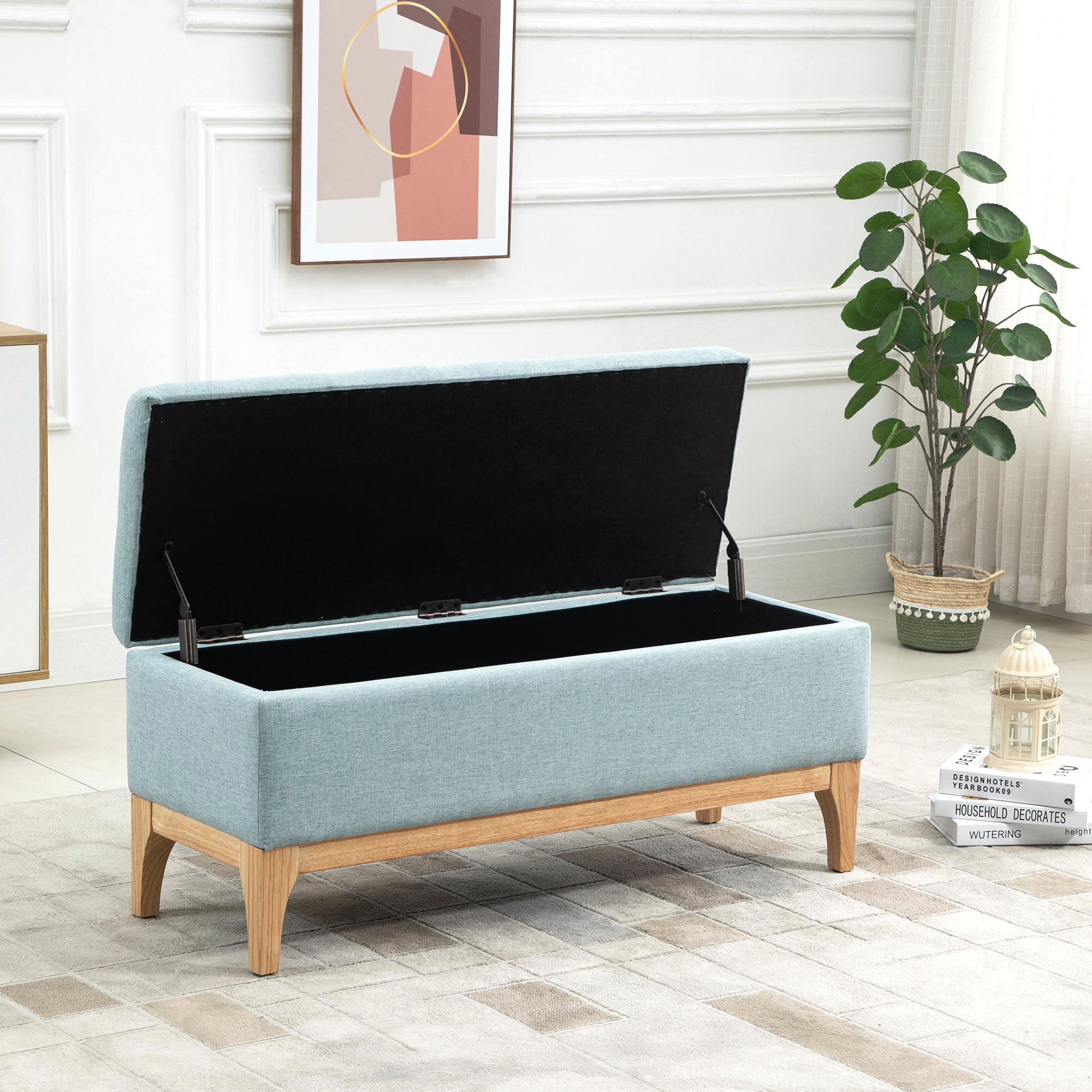 Banc de rangement, coffre de rangement avec couvercle amovible style scandinave, bout de lit en tissu lin, 110 x 39 x 45 cm, vert d'eau