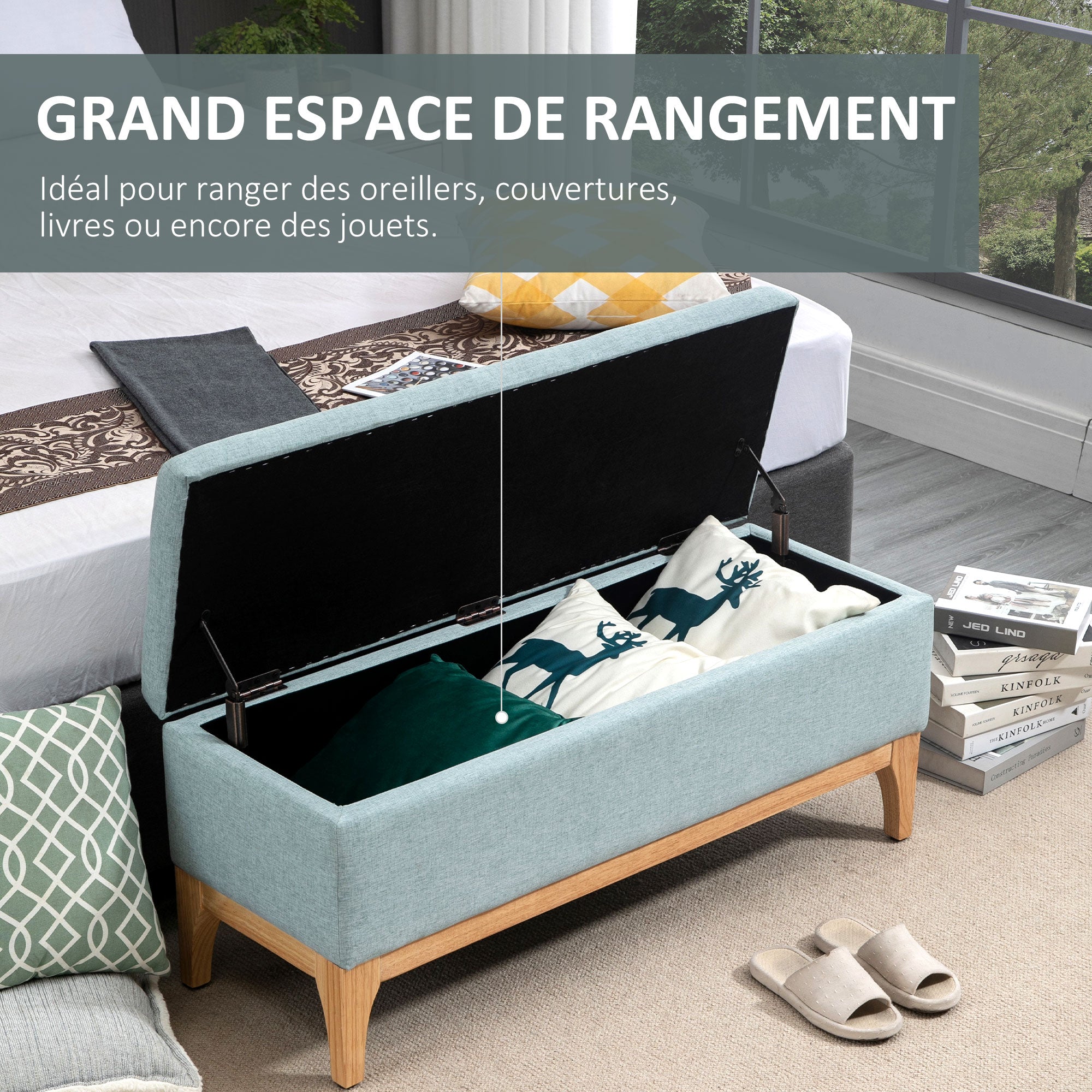 Banc de rangement, coffre de rangement avec couvercle amovible style scandinave, bout de lit en tissu lin, 110 x 39 x 45 cm, vert d'eau
