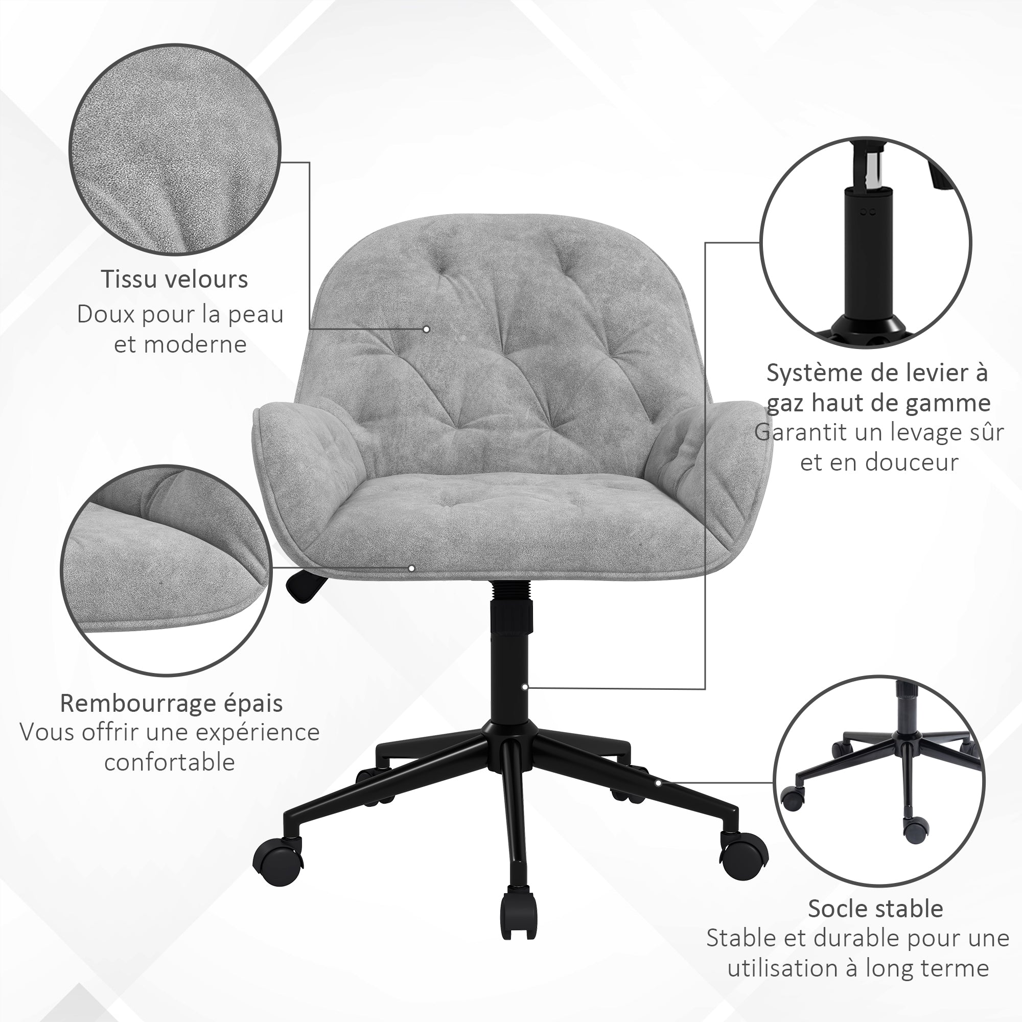 Chaise de bureau, fauteuil de bureau en aspect velours, siège pivotant à 360°, réglable en hauteur, dossier arrondi chaise ergonomique charge 120 kg pour chambre, salon, gris clair