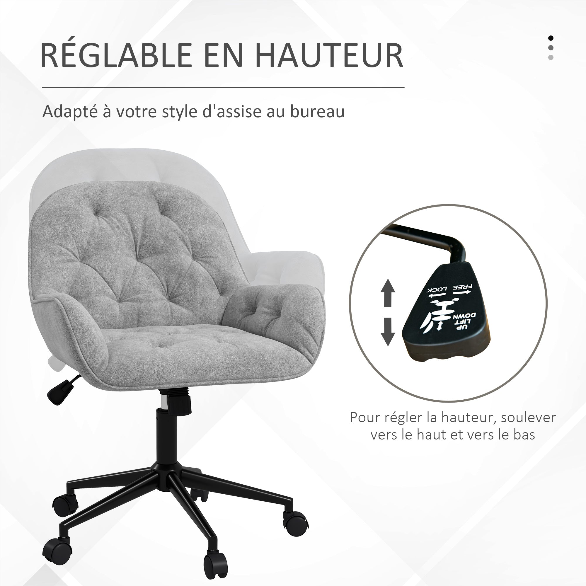 Chaise de bureau, fauteuil de bureau en aspect velours, siège pivotant à 360°, réglable en hauteur, dossier arrondi chaise ergonomique charge 120 kg pour chambre, salon, gris clair