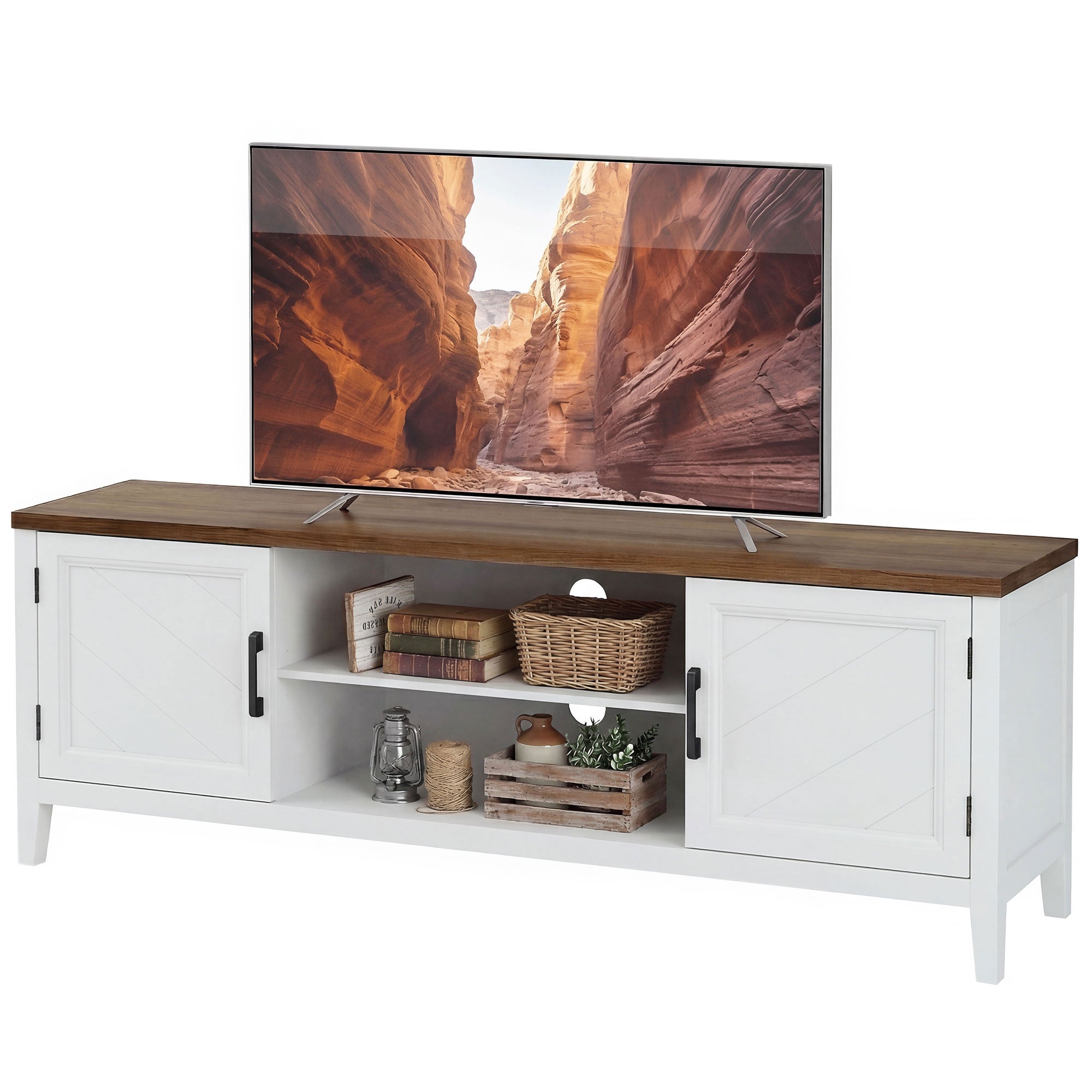 Meuble TV 140 cm, meuble télé pour téléviseur jusqu'à 42 pouces avec 2 portes, 2 compartiments ouverts, style rustique, banc TV pour salon, chambre, blanc et marron