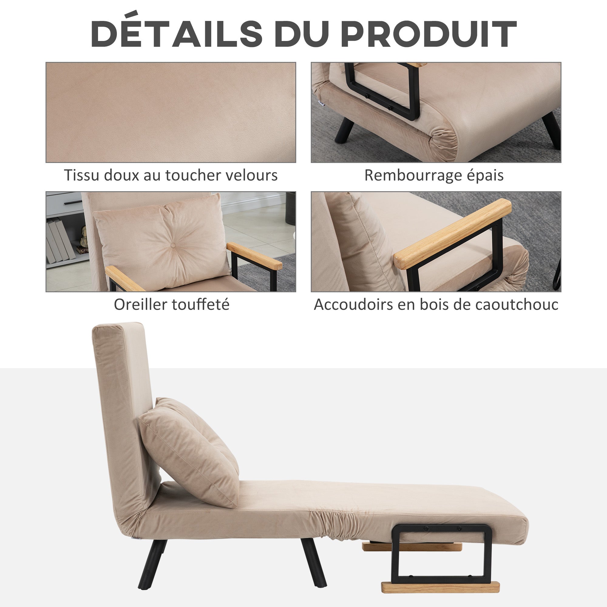 Fauteuil convertible 1 place chauffeuse 4 en 1 canapé convertible fauteuil lit avec dossier réglable en 5 positions, coussin inclus, canapé-lit 1 place pour invités, salon, charge 120 kg beige
